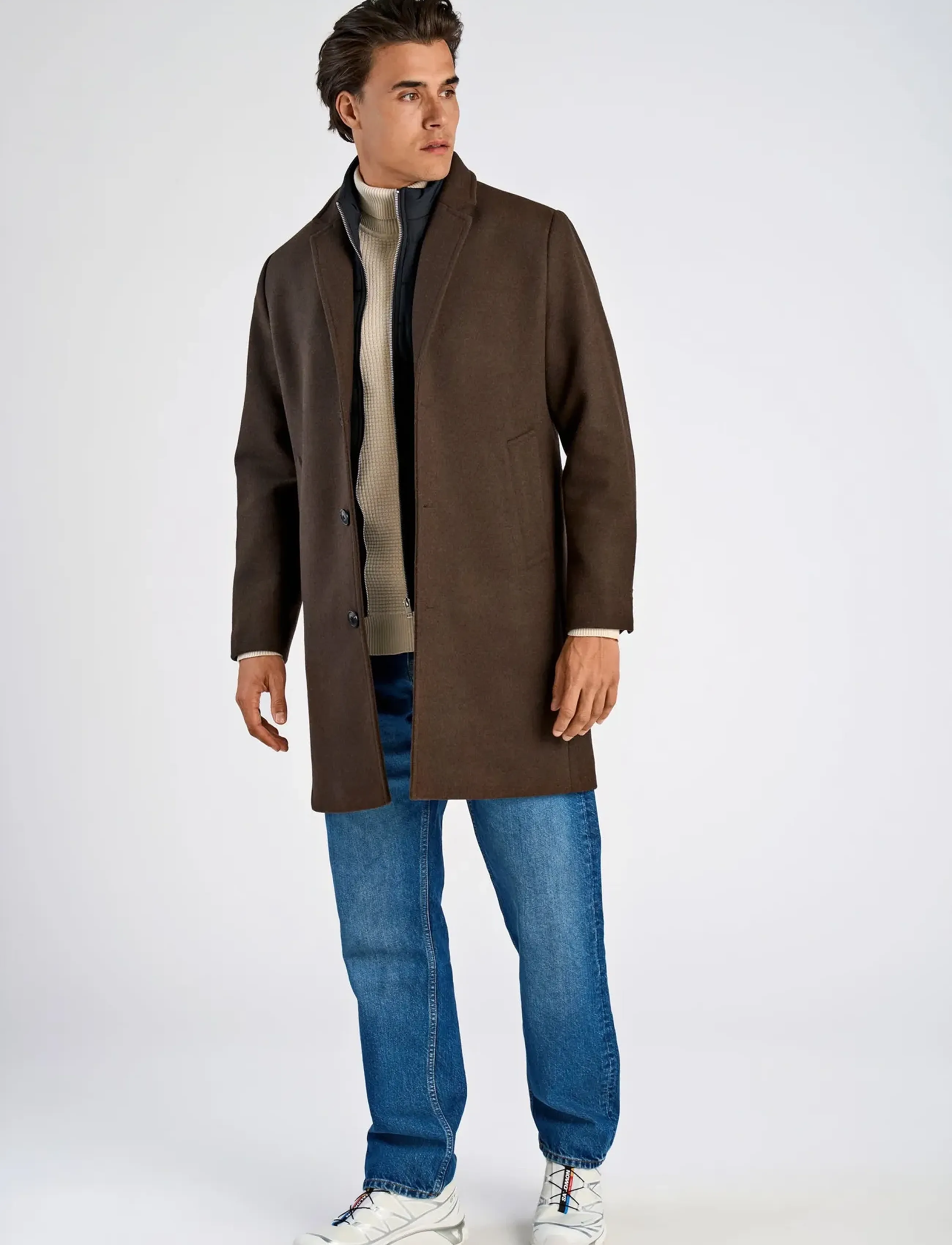Lindbergh Detachable collar lapel coat - Overtøj - DK BROWN MEL / brown