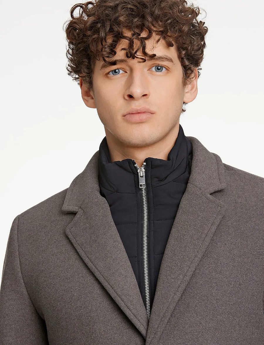 Lindbergh - Detachable collar lapel coat - wool coats - dk stone mel - 5