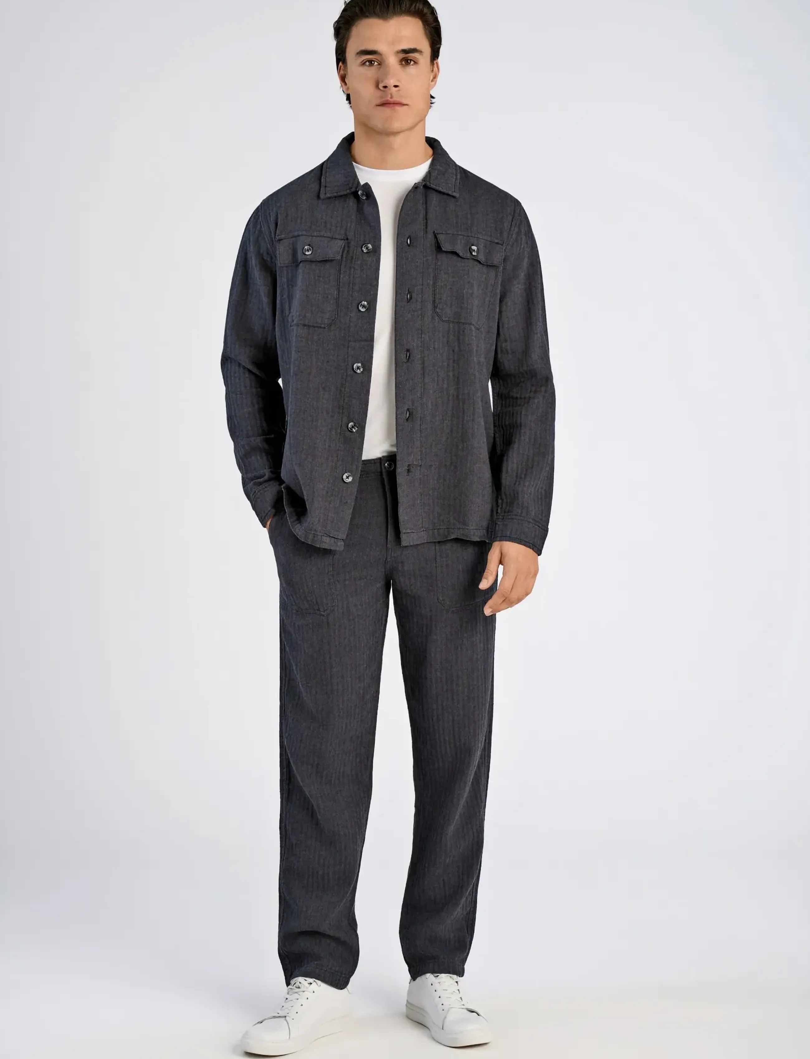 Lindbergh Cotton Linen Overshirts L/S, Mænd, Tekstureret Overshirt, Sort, Str: XL
