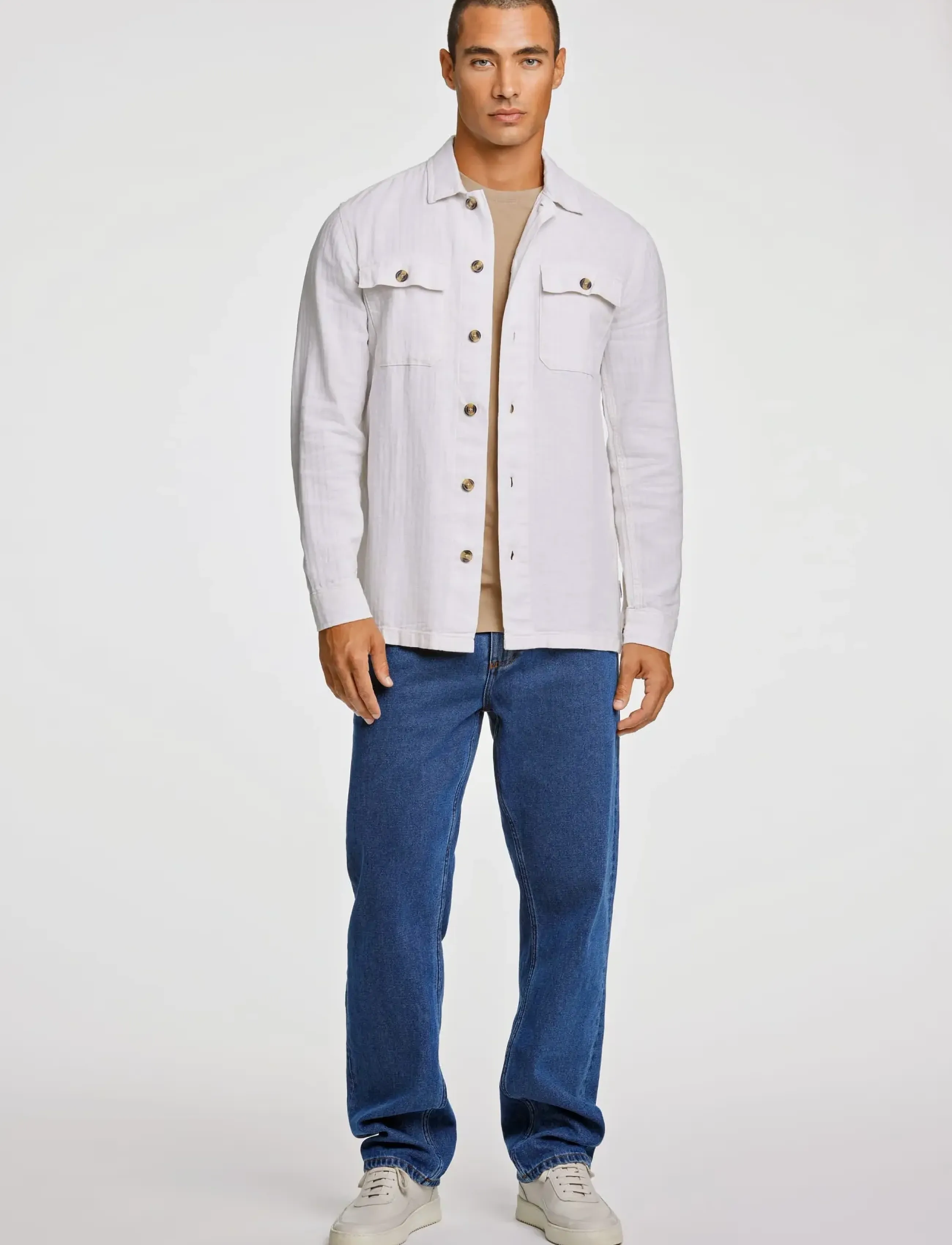 Lindbergh Cotton Linen Overshirts L/S, Mænd, Tekstureret Overshirt, Hvid, Str: L