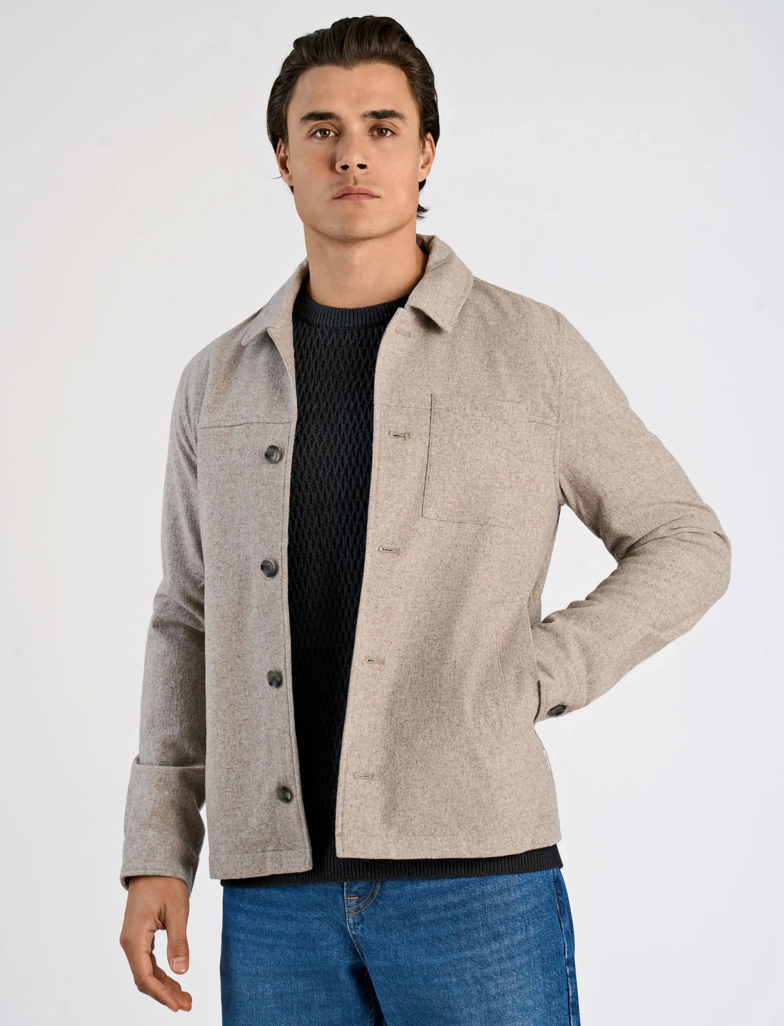 Lindbergh - Flannel wool blend cropped length o - jackets - dk sand mel - 3