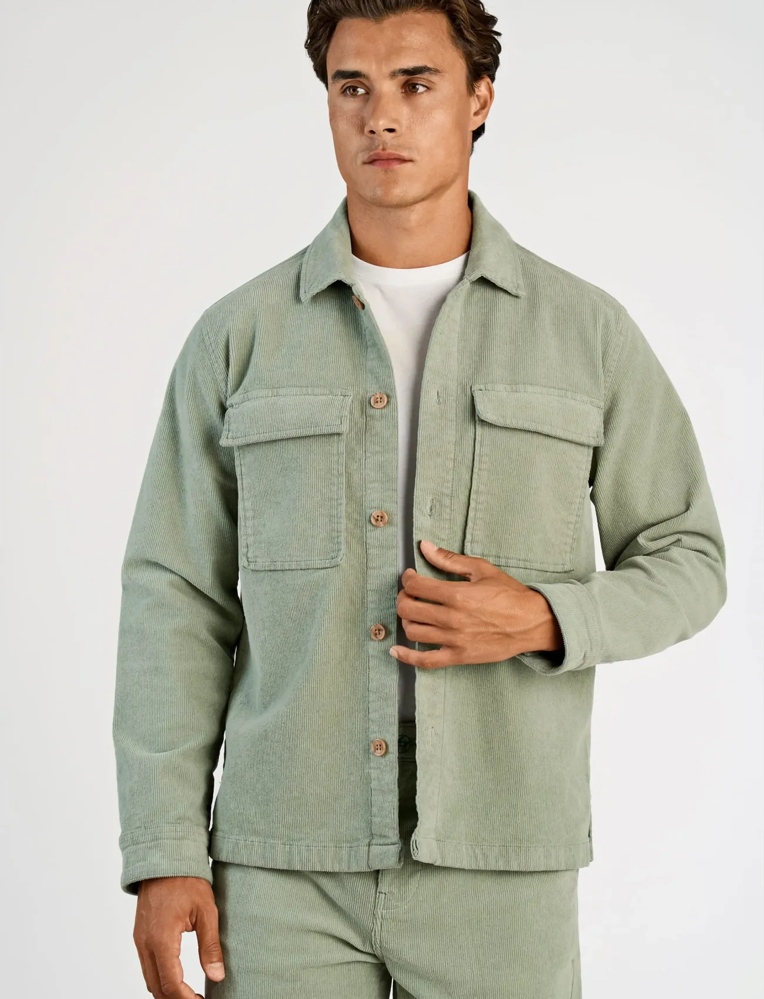 Lindbergh - Superflex corduroy overshirt - sage green - 3