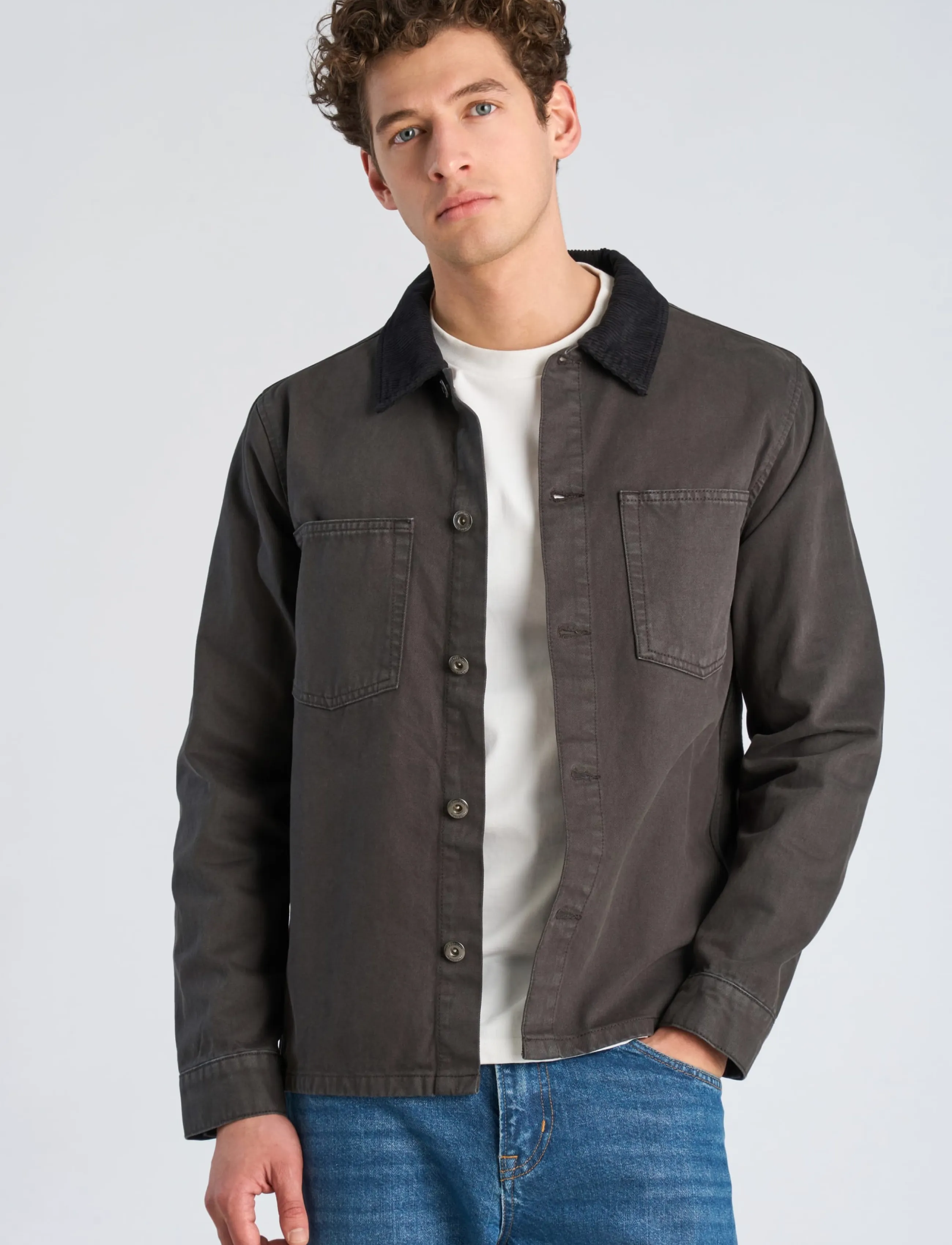 Lindbergh - Corduroy collar twill overshirt - ink grey - 3