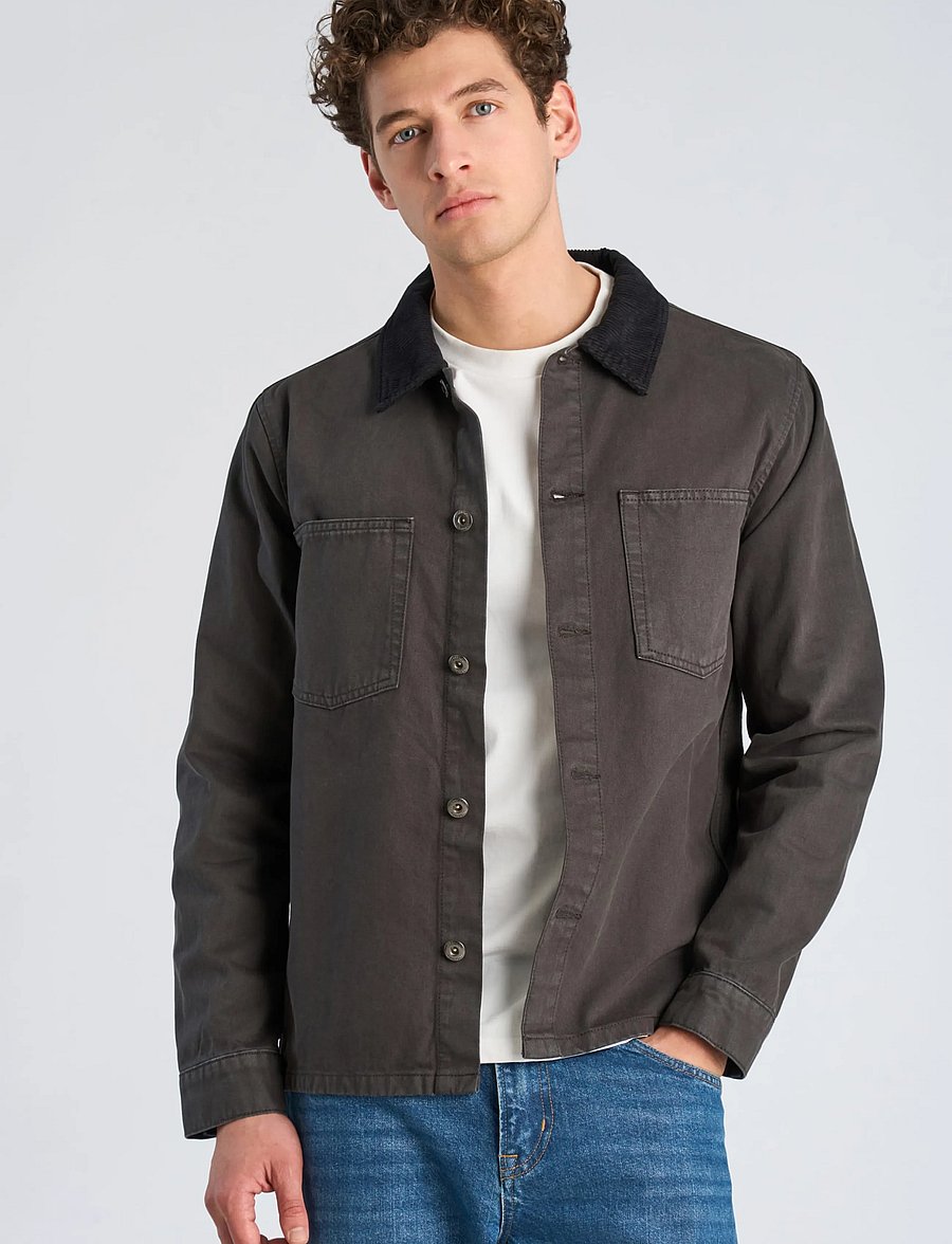 Lindbergh - Corduroy collar twill overshirt - ink grey - 3