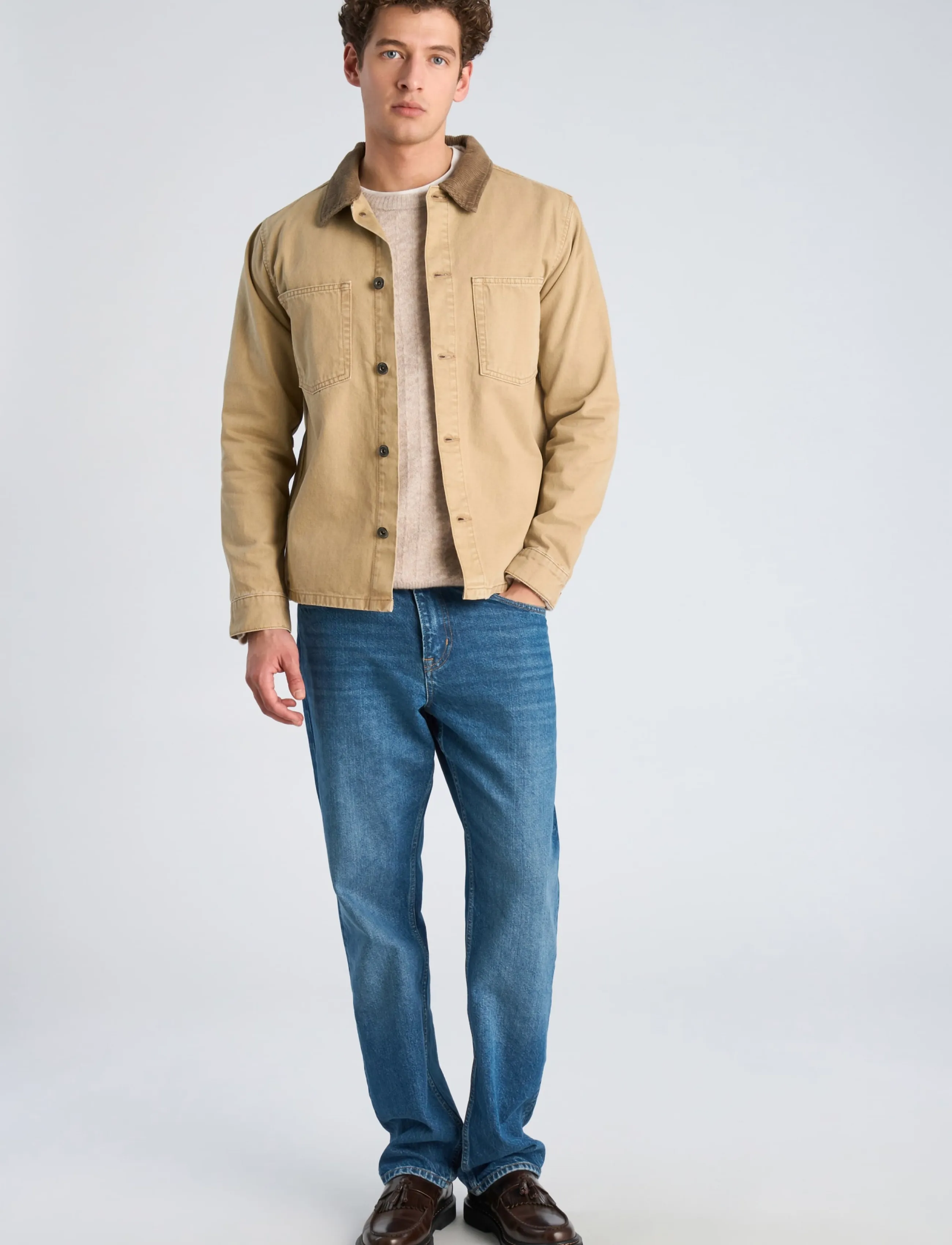 Lindbergh Corduroy collar twill overshirt - Jackets - SAND / beige