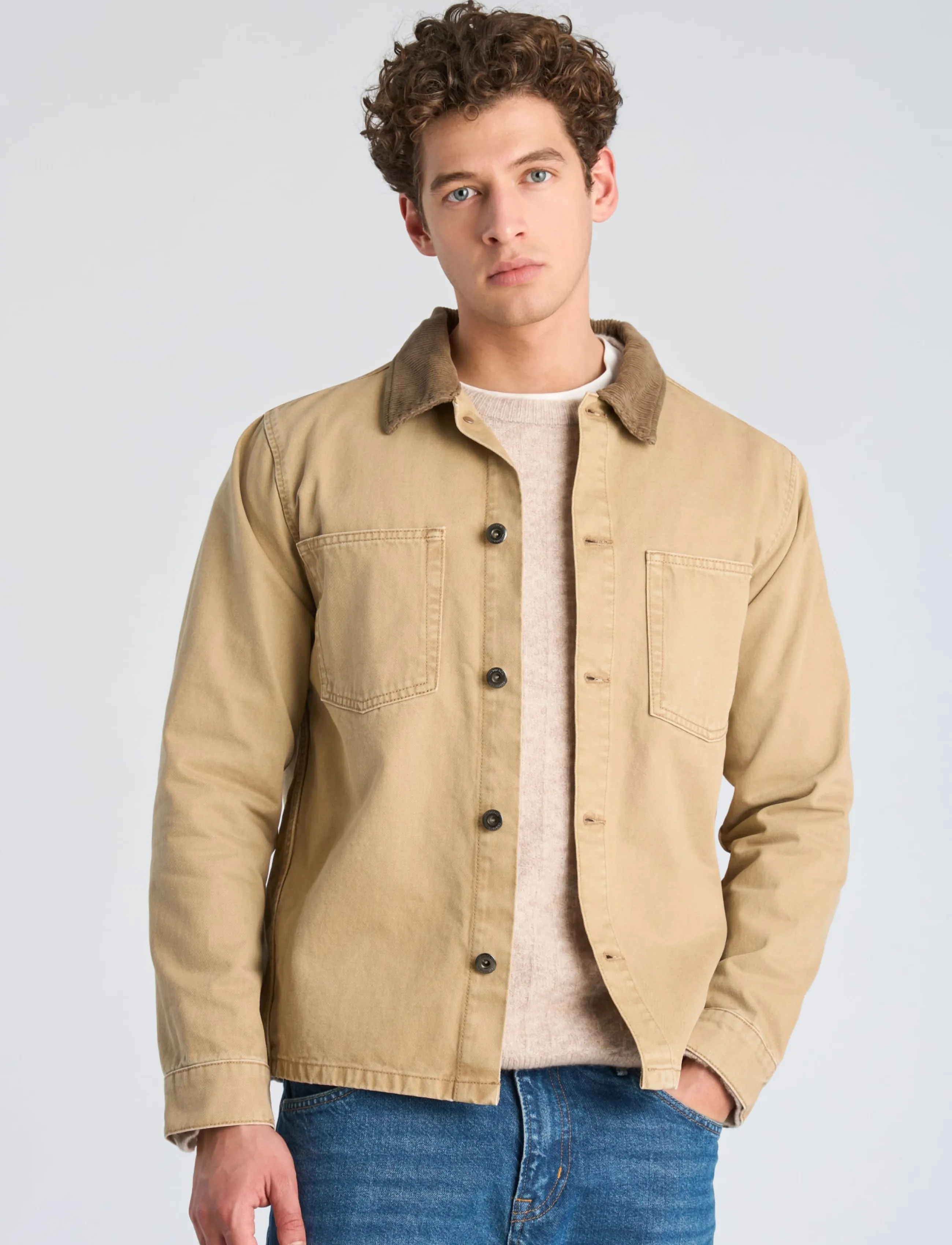 Lindbergh - Corduroy collar twill overshirt - fall jackets - sand - 3