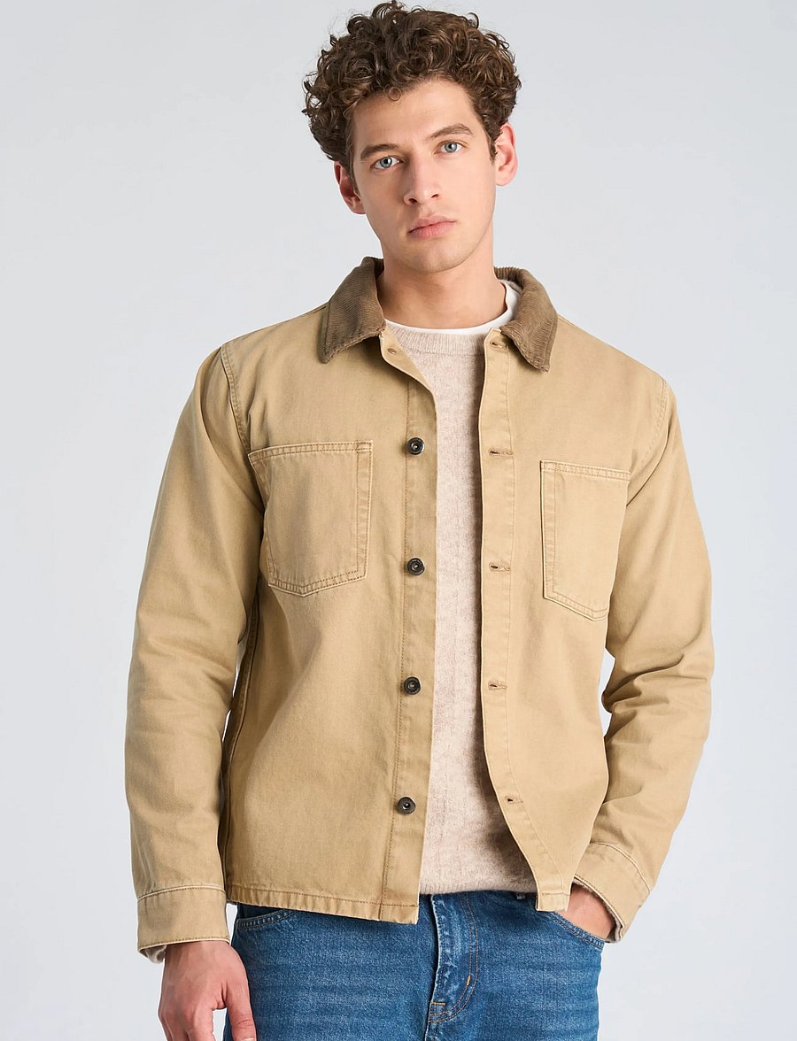 Lindbergh - Corduroy collar twill overshirt - fall jackets - sand - 3