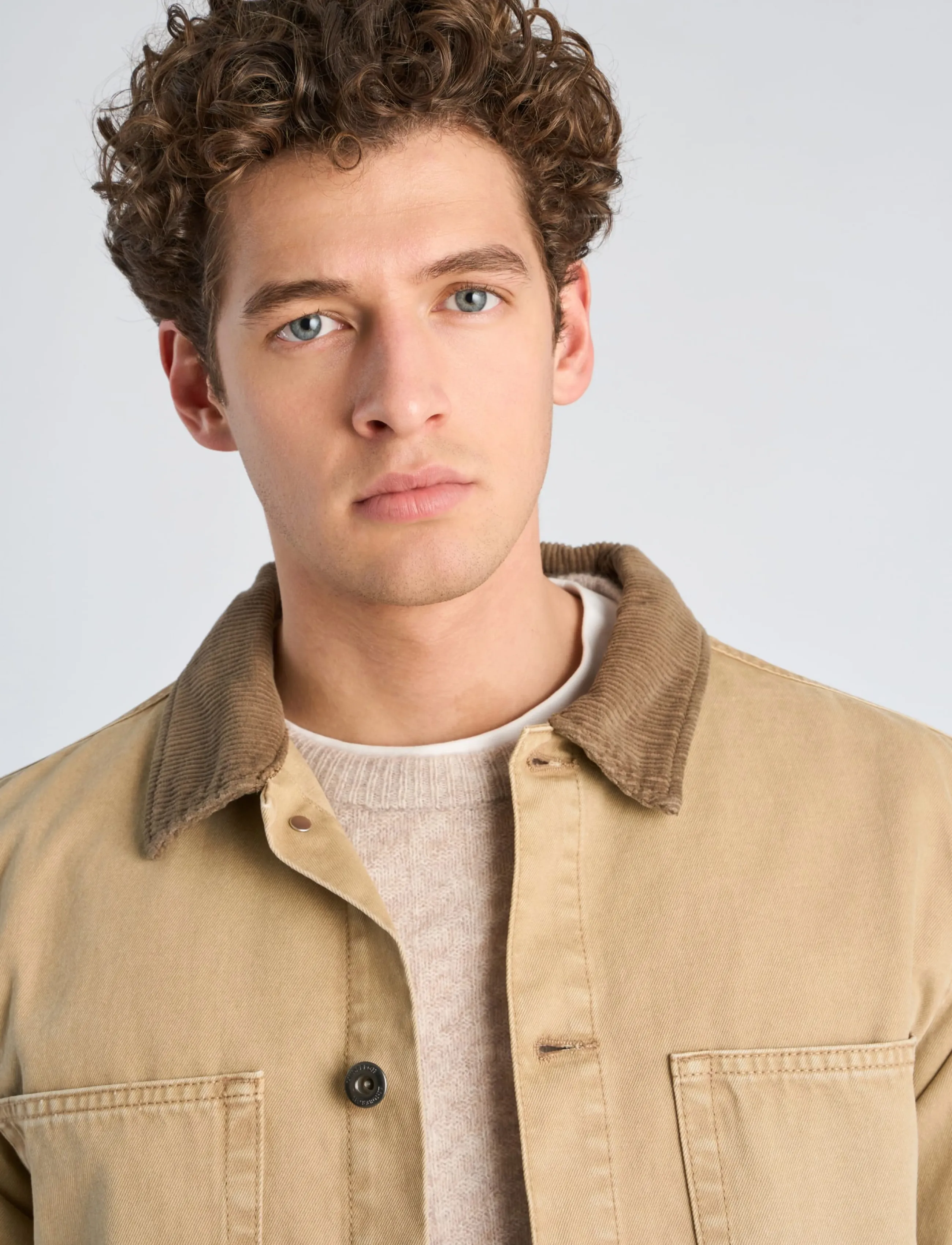 Lindbergh - Corduroy collar twill overshirt - fall jackets - sand - 5