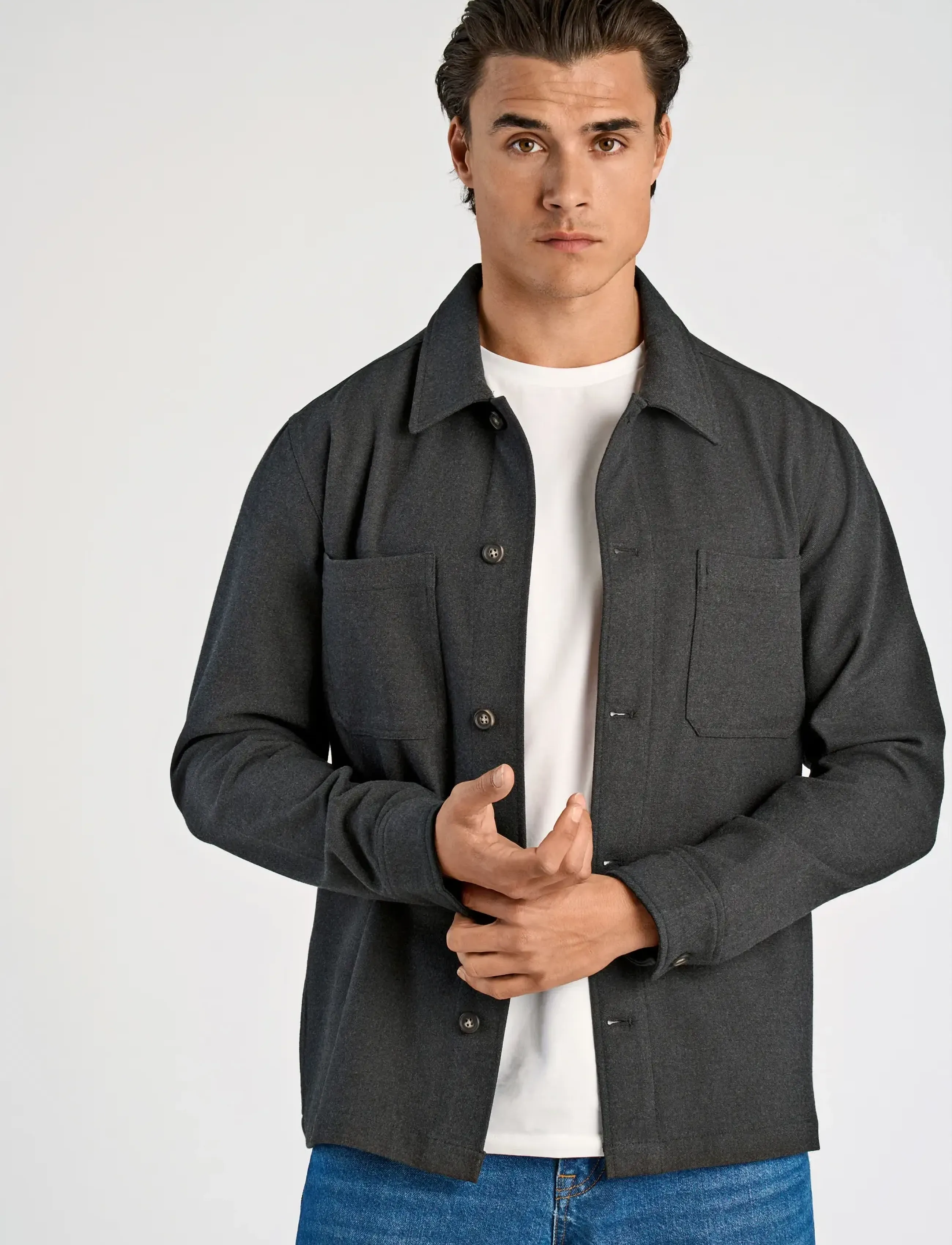 Lindbergh Superflex brushed melange overshirt - Looks for less - DK GREY MEL / grey