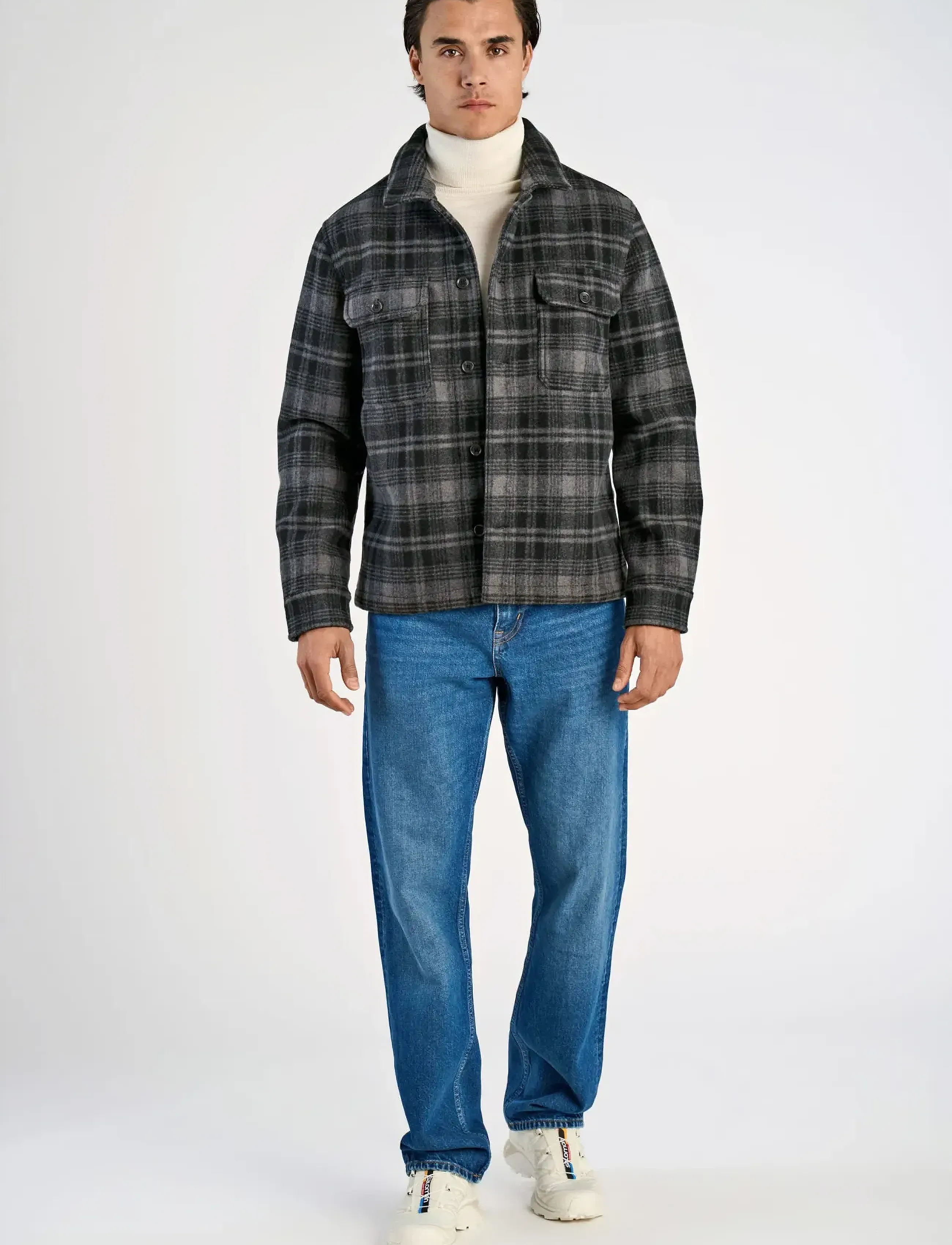 Lindbergh Wool touch check overshirt - Looks for less - DK GREY MEL / grey