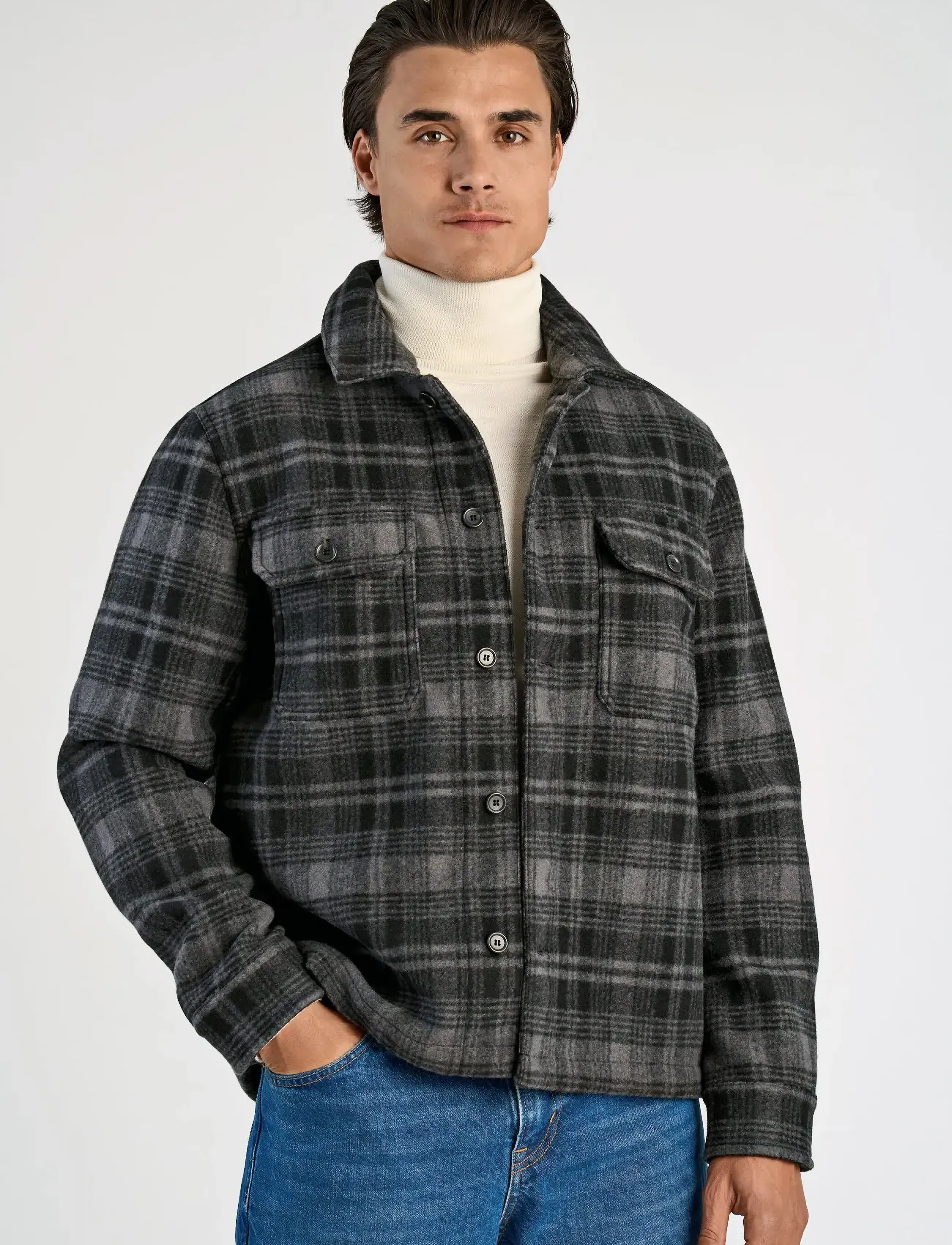 Lindbergh - Wool touch check overshirt - herren - dk grey mel - 5