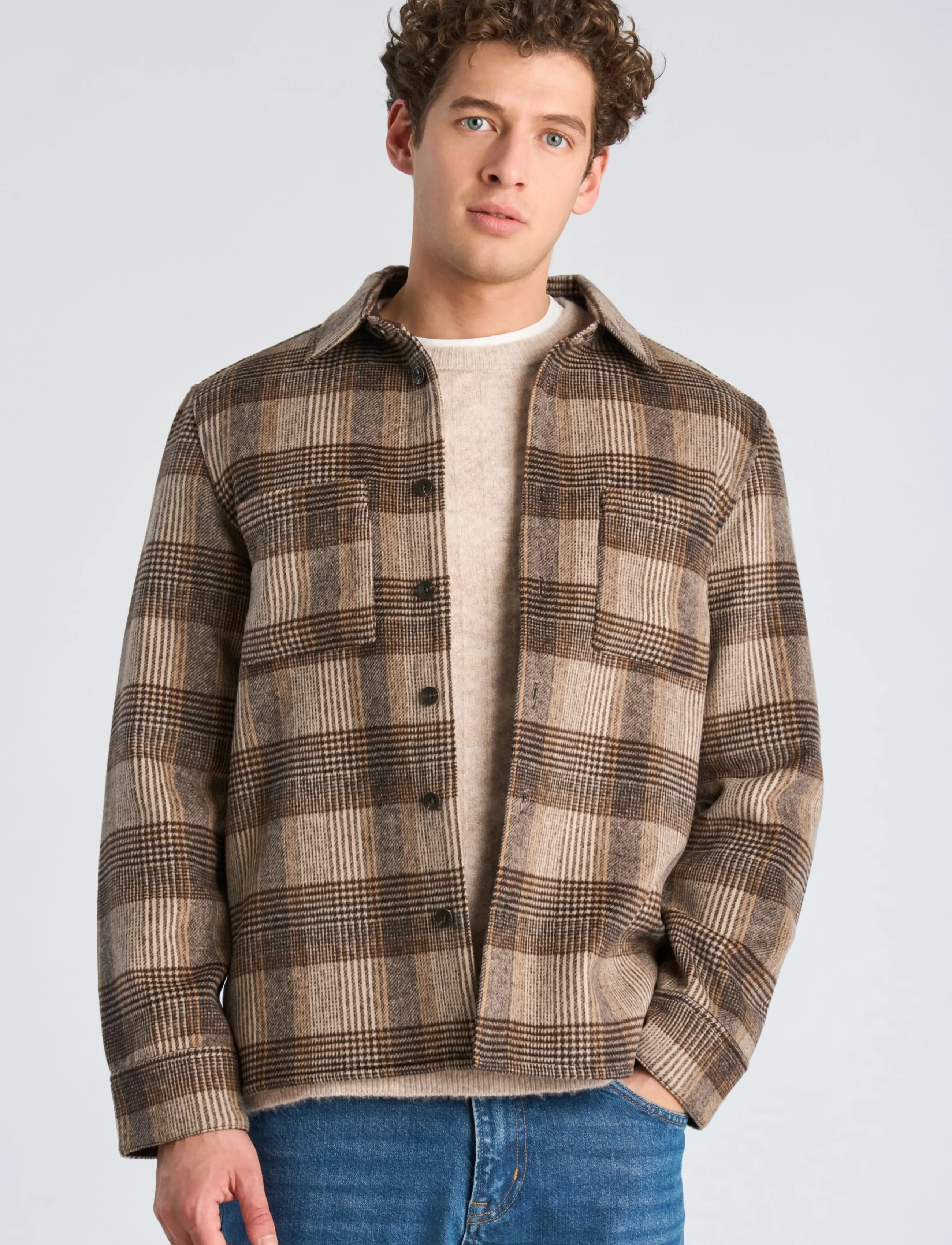 Lindbergh - Brushed check overshirt - jackets - brown - 3
