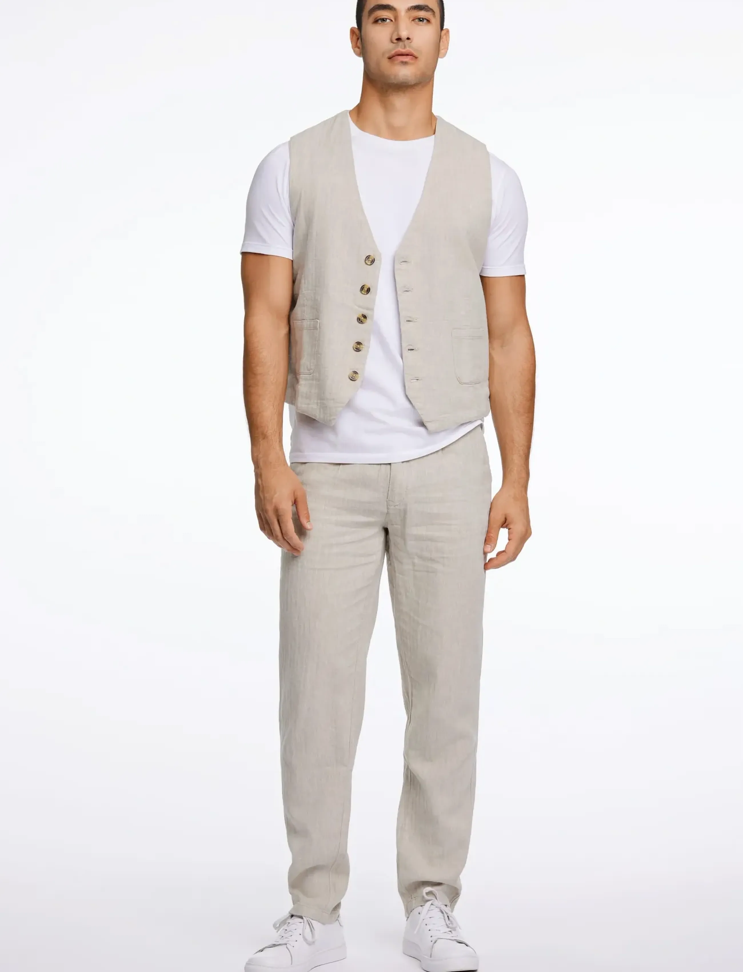 Lindbergh Cotton Linen Waistcoat, 3XL, Suits & Blazer, Beige - Waistcoats, Männerswear