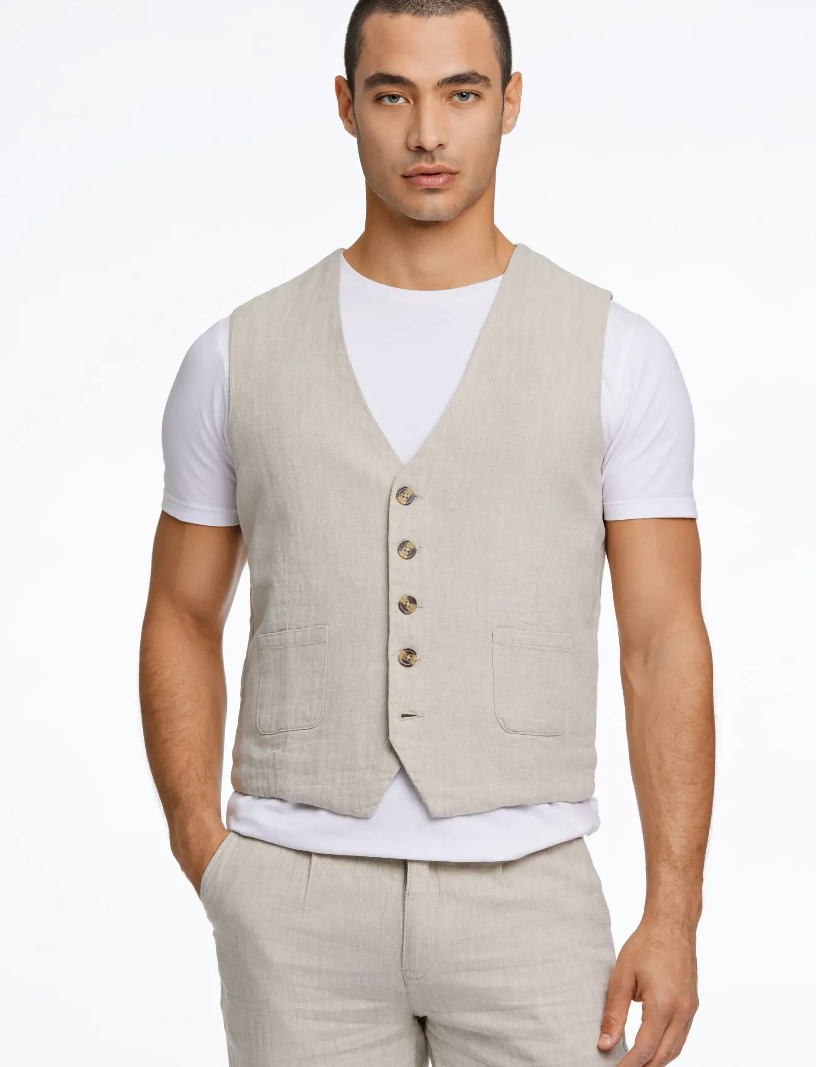 Lindbergh - Cotton linen waistcoat - westen - lt stone - 3