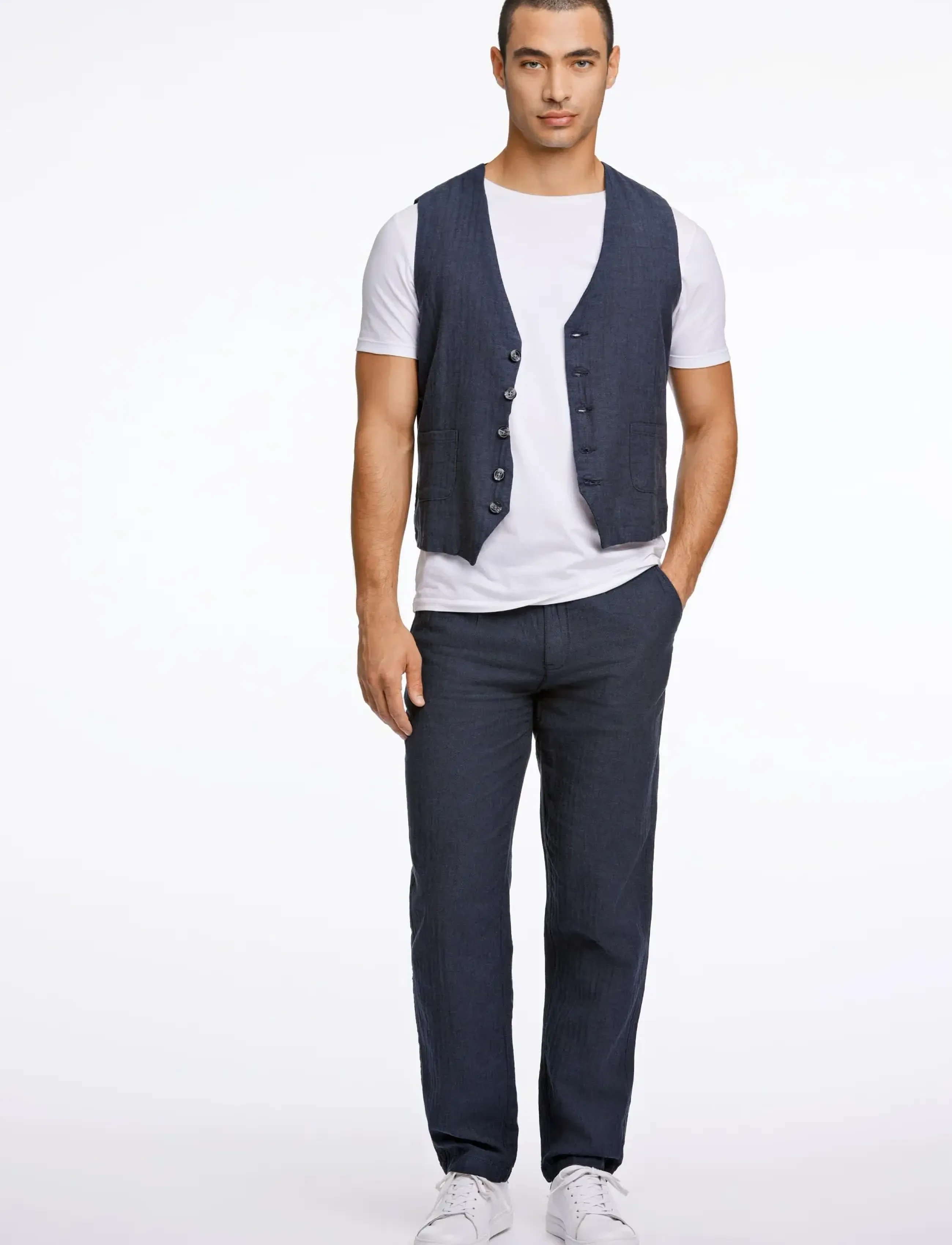 Lindbergh Cotton Linen Waistcoat, 3XL, Suits & Blazer, Marineblau - Waistcoats, Männerswear