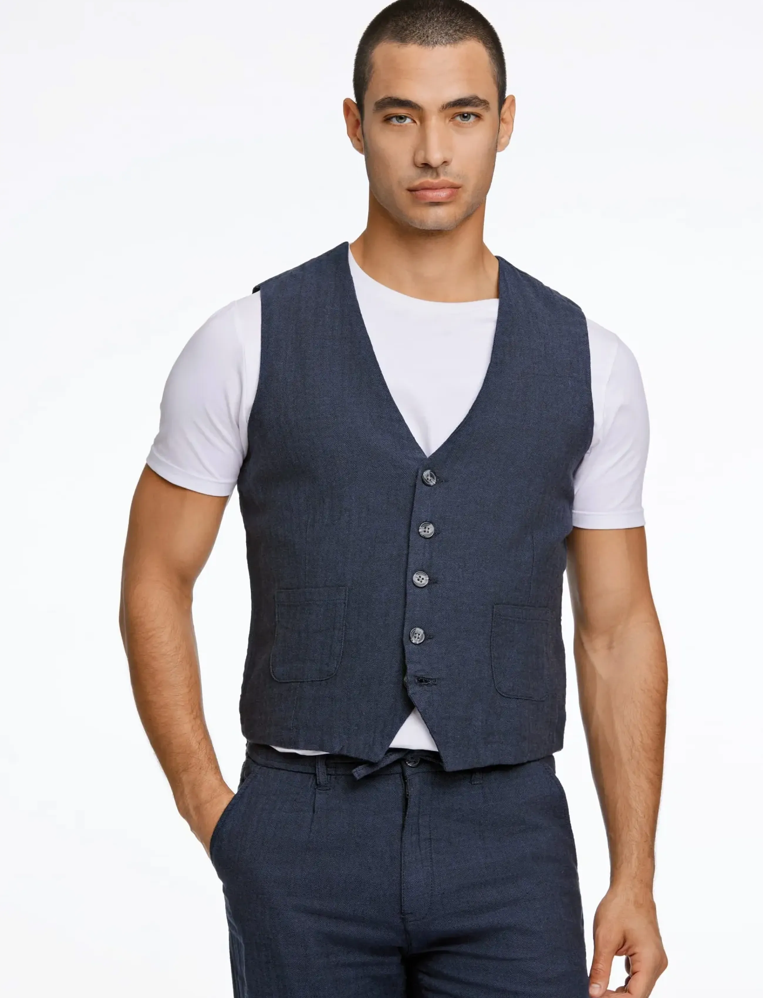 Lindbergh - Cotton linen waistcoat - liemenės - navy - 3