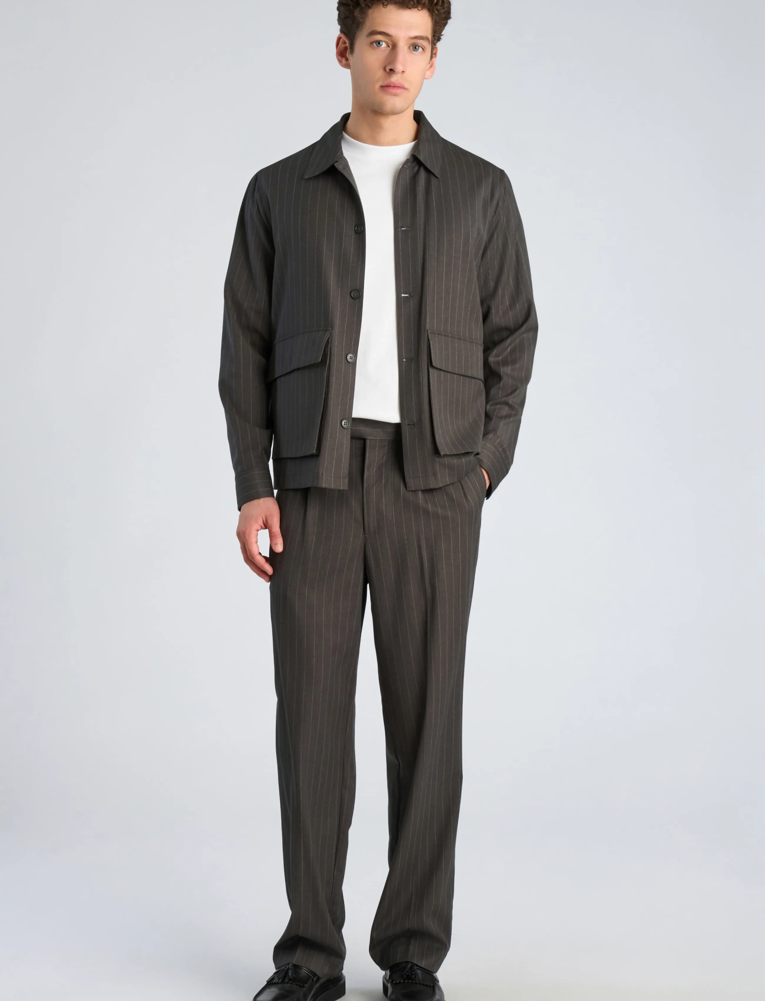 Lindbergh Striped overshirt w box pocket - Outerwear - DK GREY MEL / grey