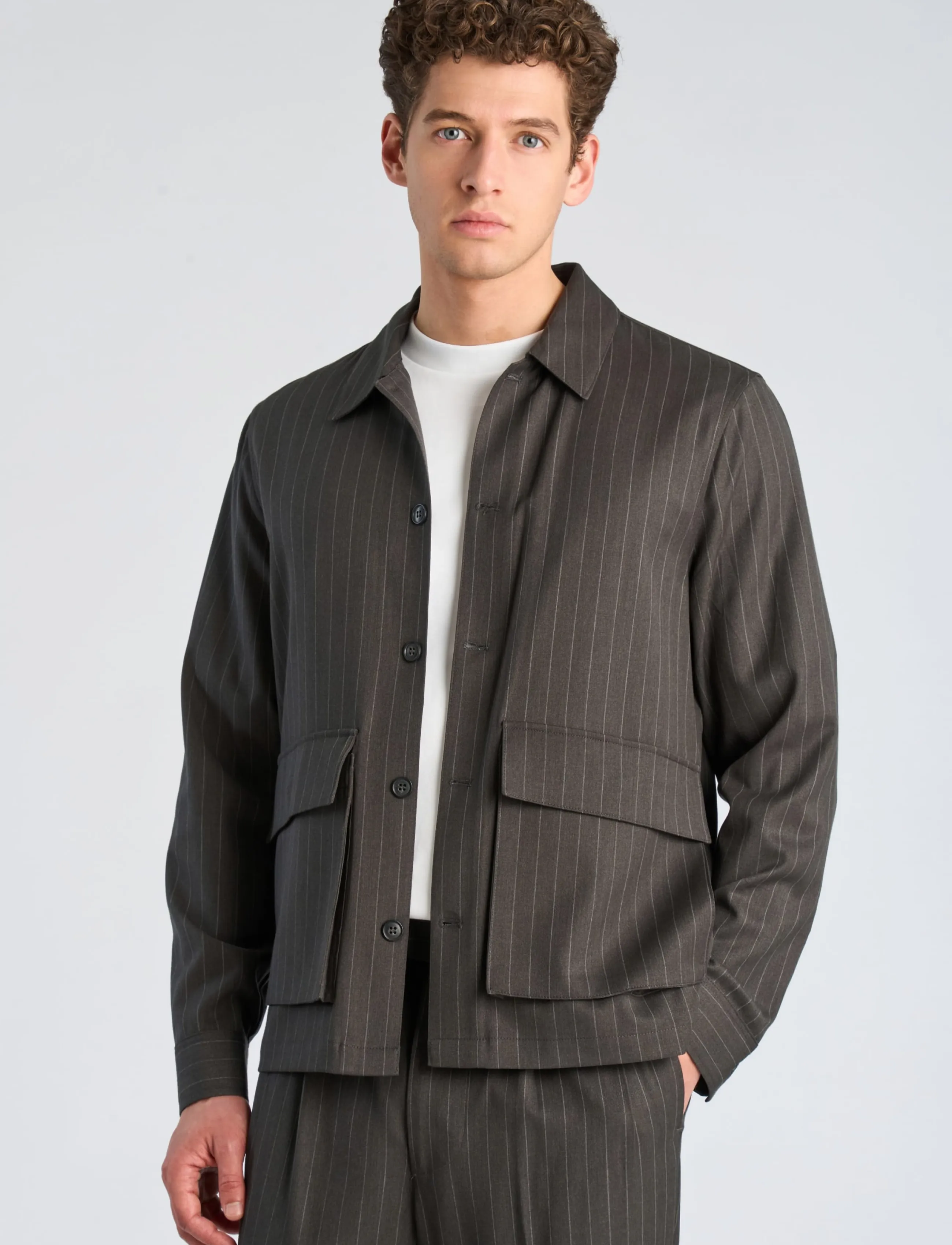 Lindbergh - Striped overshirt w box pocket - fall jackets - dk grey mel - 3