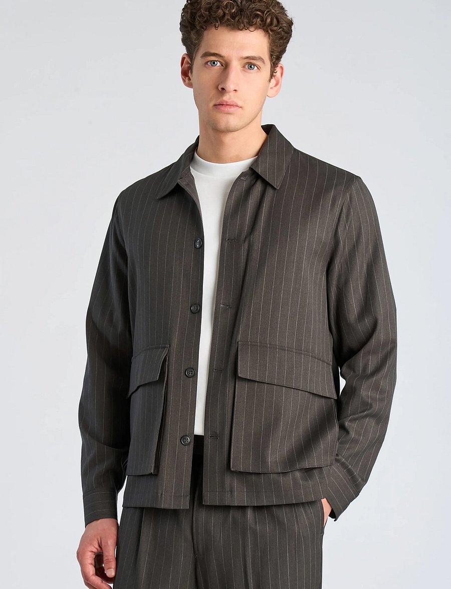 Lindbergh - Striped overshirt w box pocket - fall jackets - dk grey mel - 3