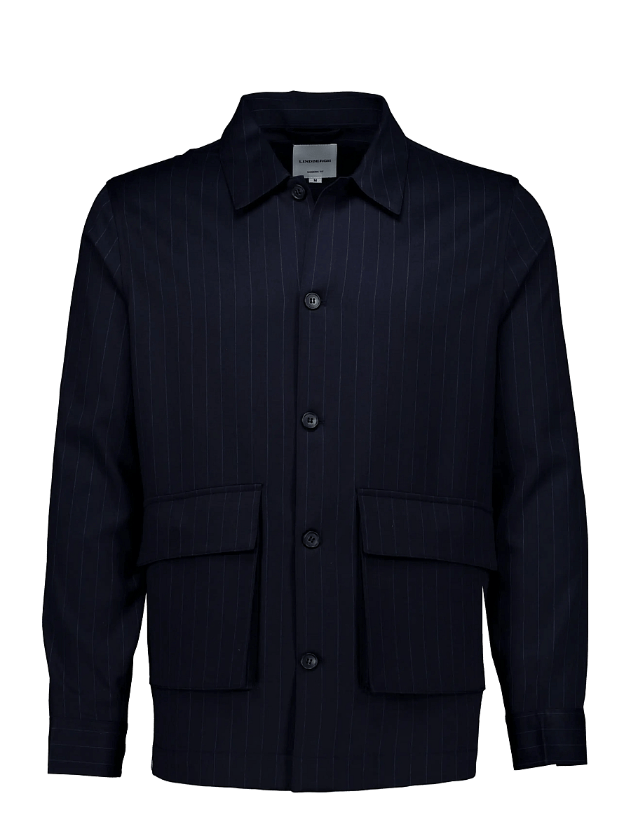Lindbergh - Striped overshirt w box pocket - fall jackets - navy - 1