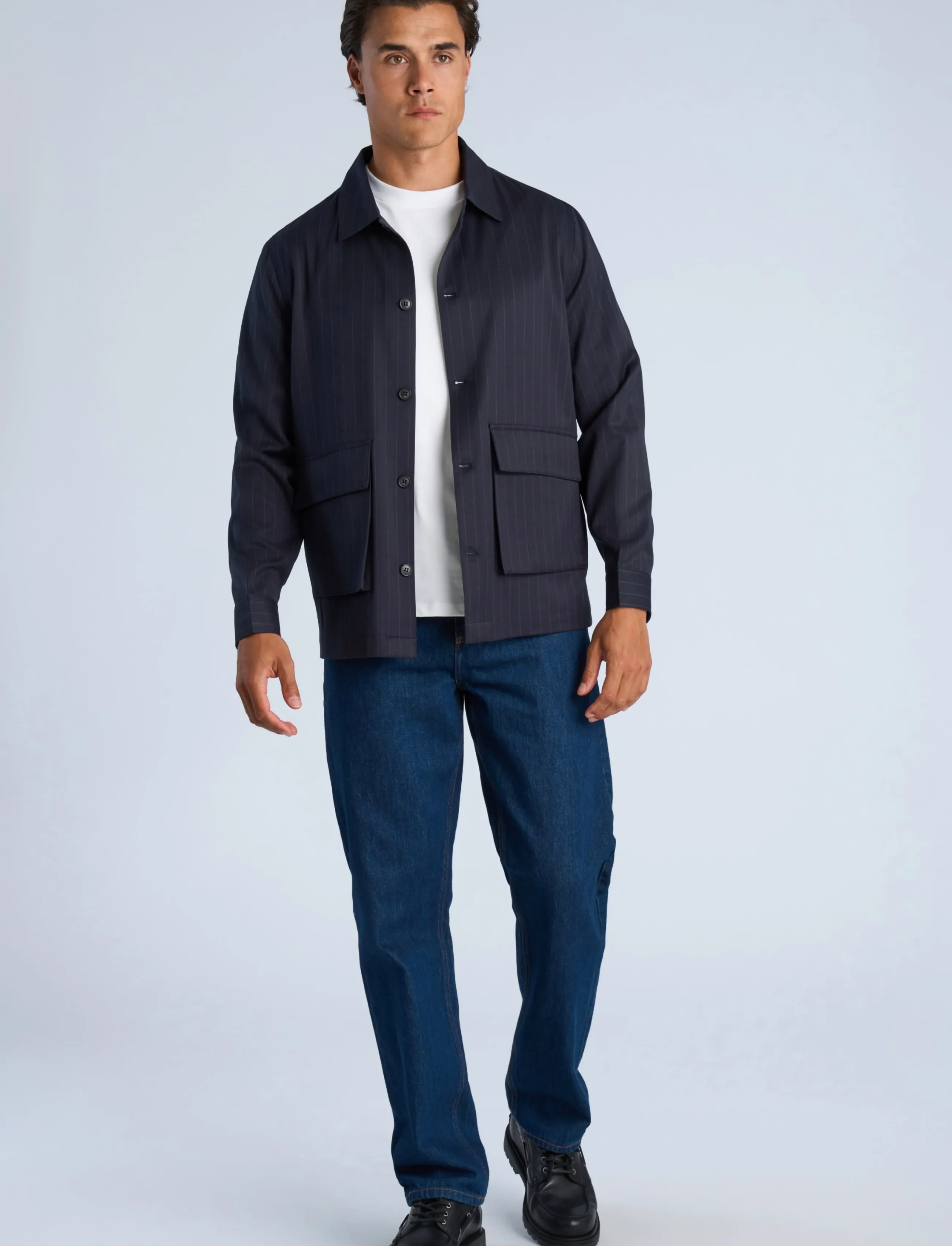 Lindbergh Striped overshirt w box pocket - Jackets - NAVY / navy