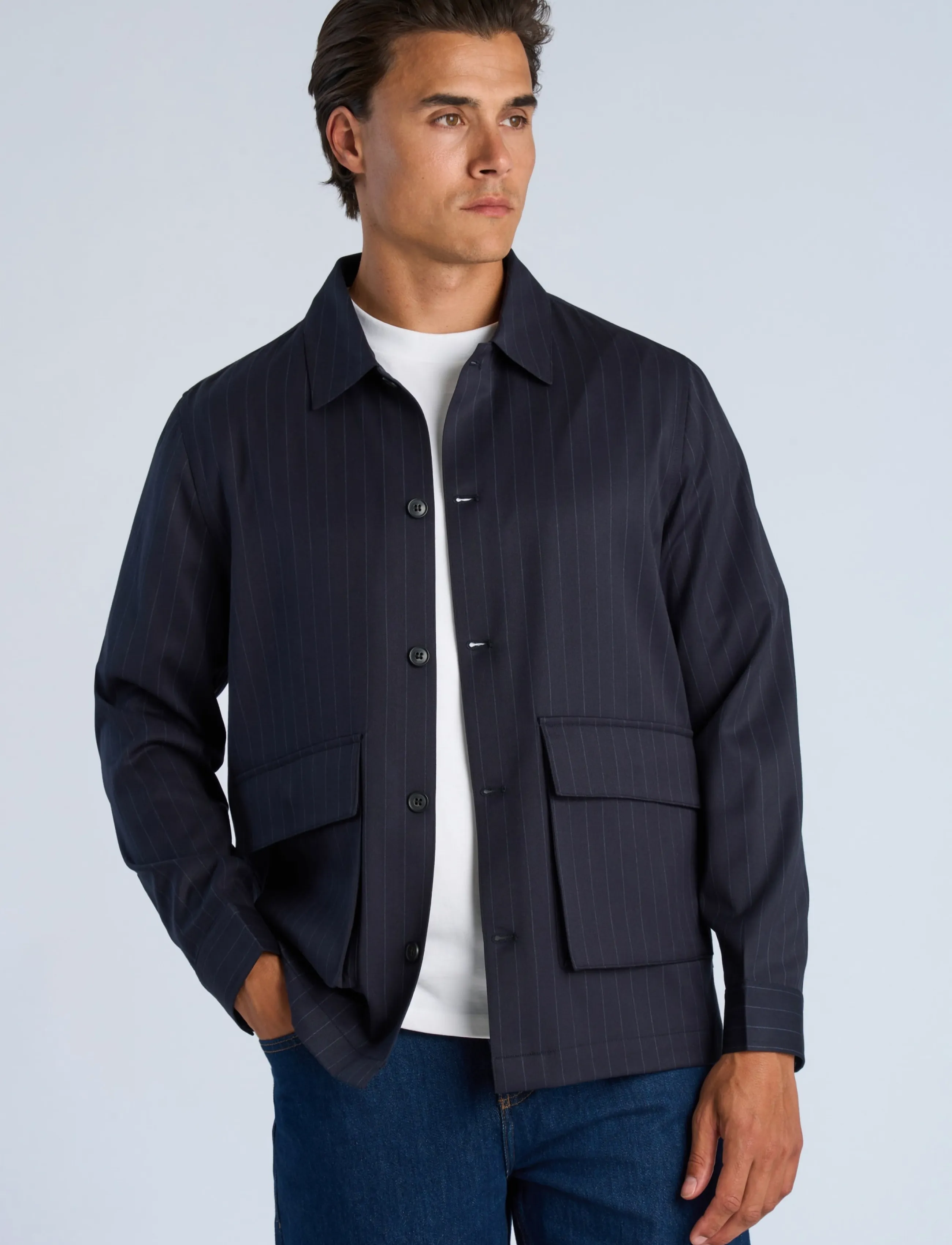 Lindbergh - Striped overshirt w box pocket - fall jackets - navy - 3