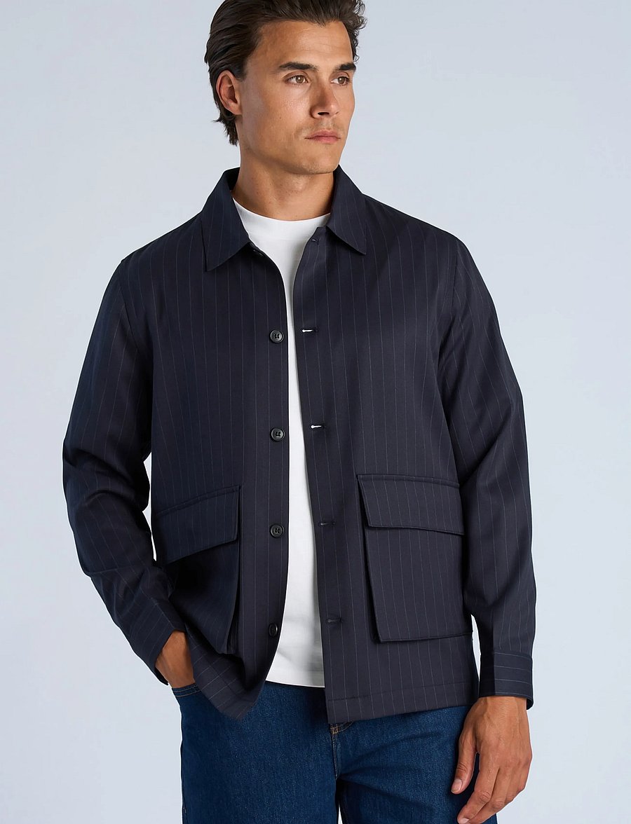 Lindbergh - Striped overshirt w box pocket - fall jackets - navy - 3