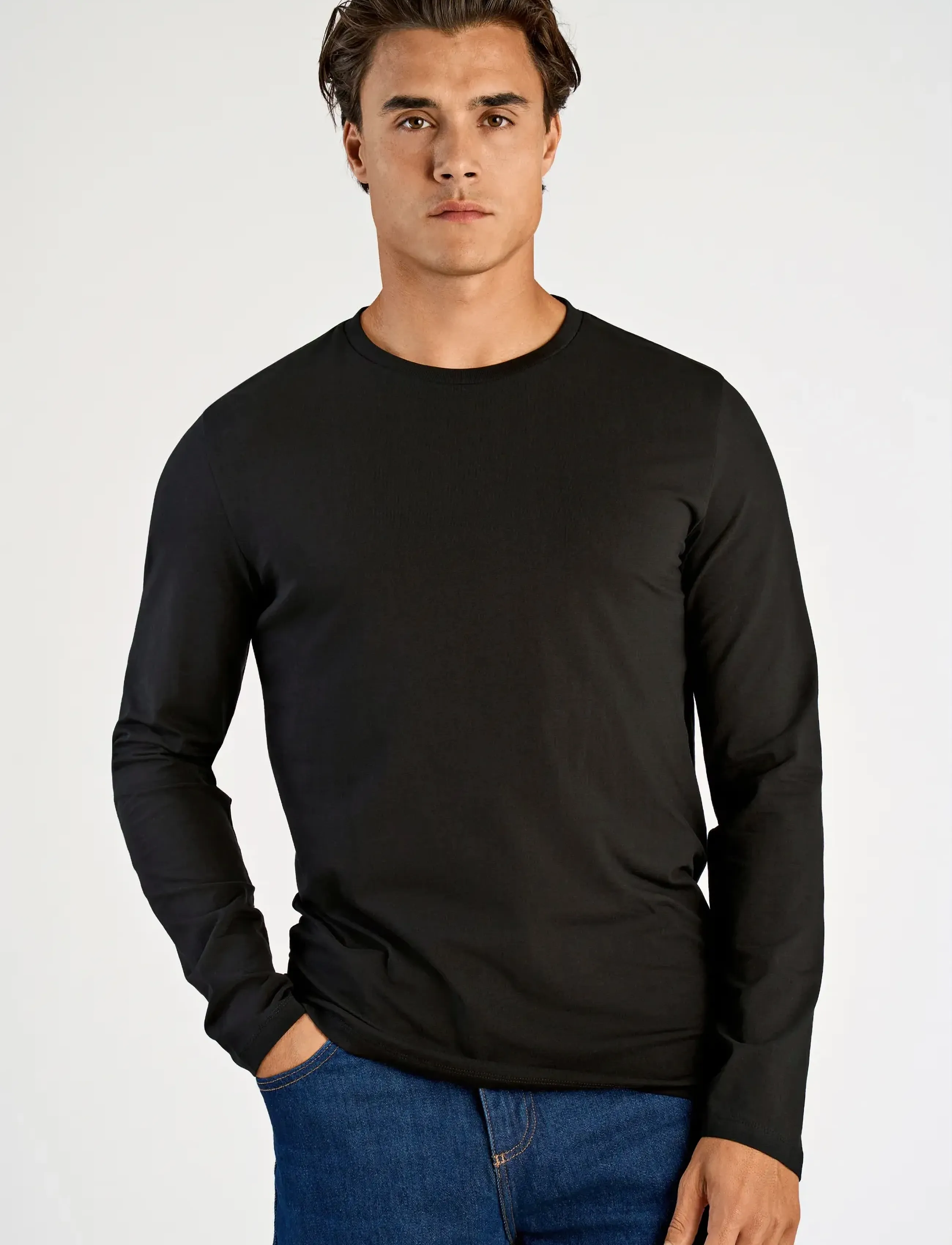 Lindbergh Basic o-neck stretch tee L/S - T-shirts - BLACK / black