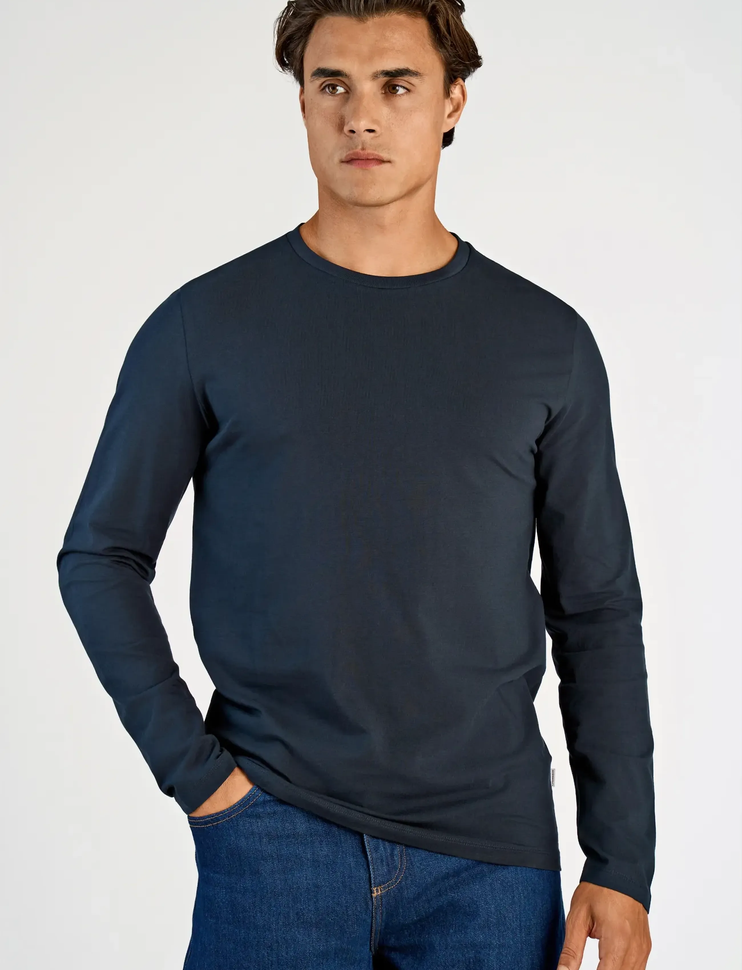 Lindbergh Basic O-Neck Stretch Tee L/S, M, Navy, T-Shirts > Langærmede, Herre