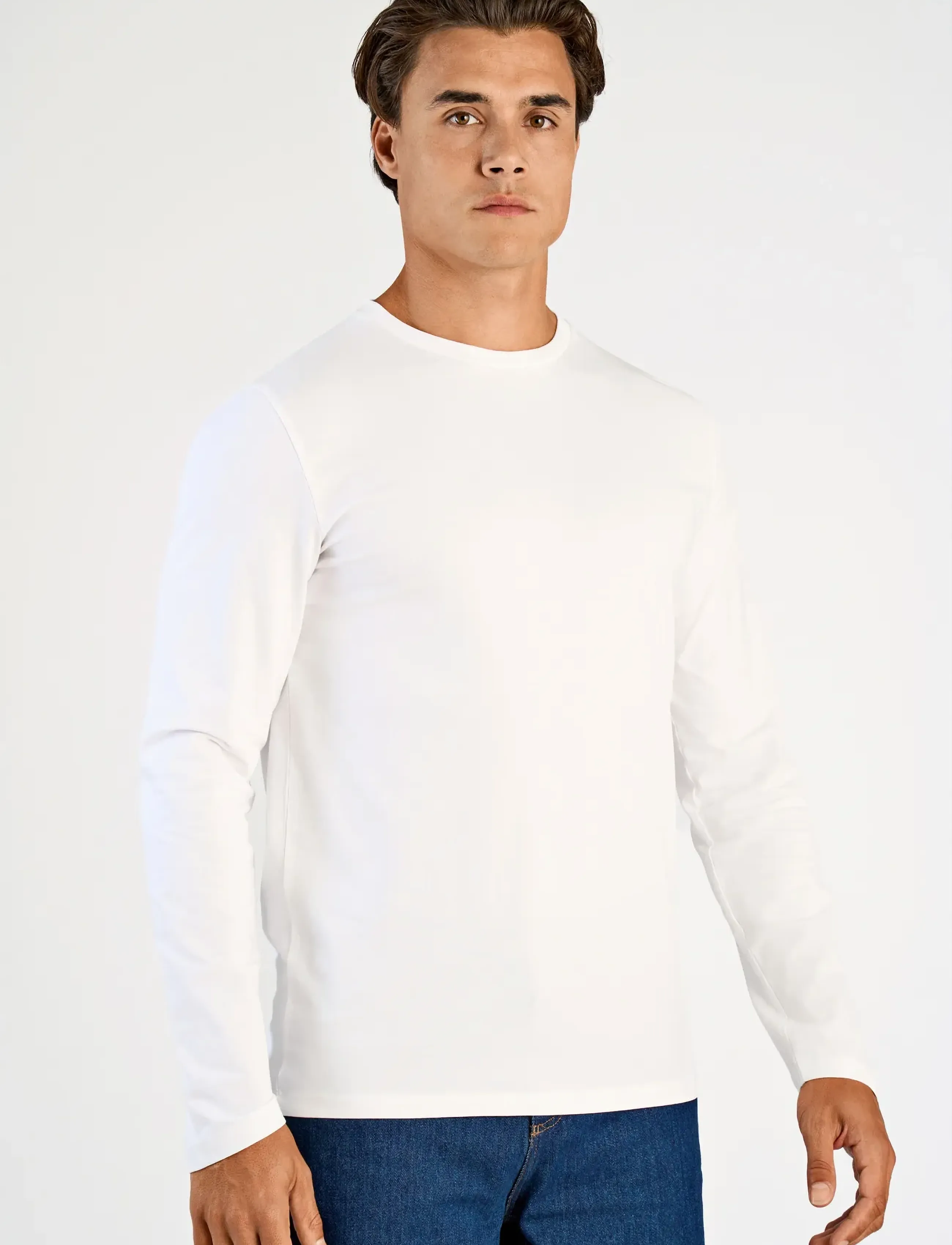 Lindbergh Basic O-Neck Stretch Tee L/S, Mænd, Basic O-Hals Langærmet T-Shirt, Hvid, Str: L