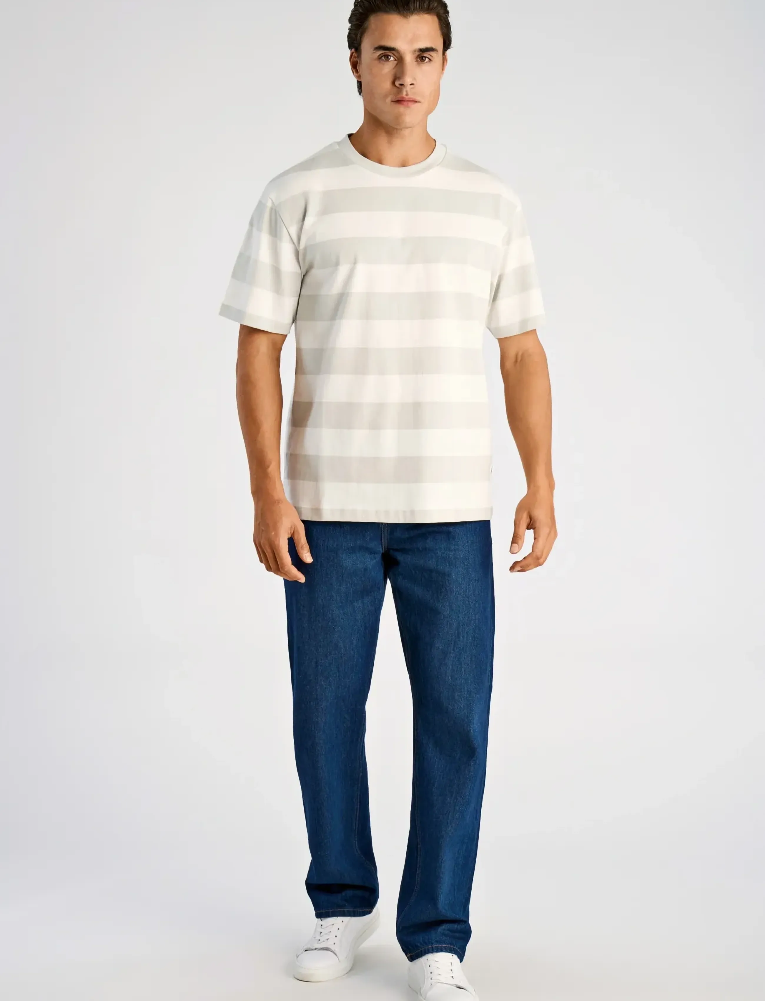 Lindbergh Striped oversized o-neck tee S/S - T-särgid - FAIR GREY / grey