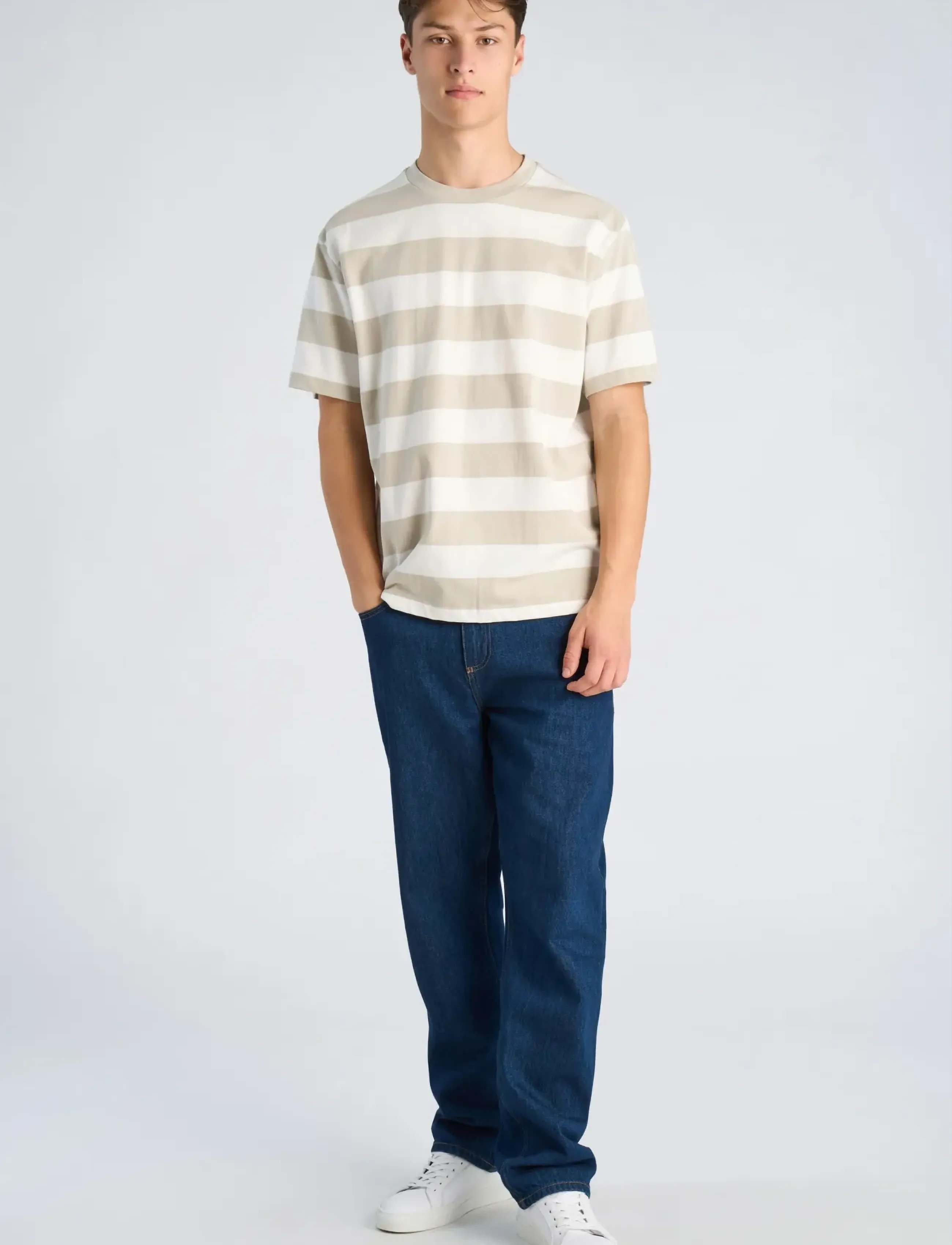 Lindbergh Striped oversized o-neck tee S/S - Lühikeste varrukatega T-särgid - LT GREY STONE / beige