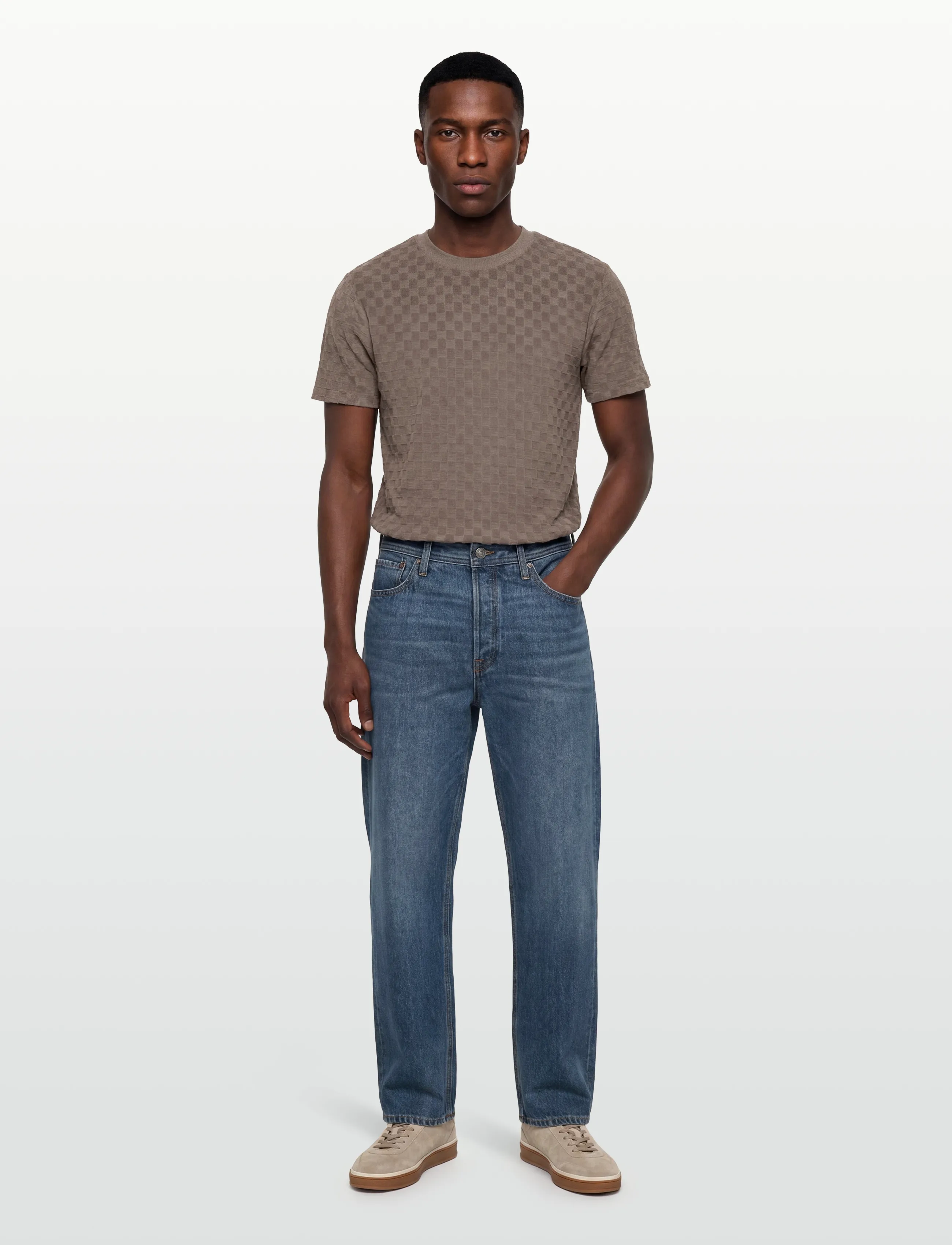 Lindbergh Checkered towel o-neck tee S/S - Clothing - DK STONE / brown