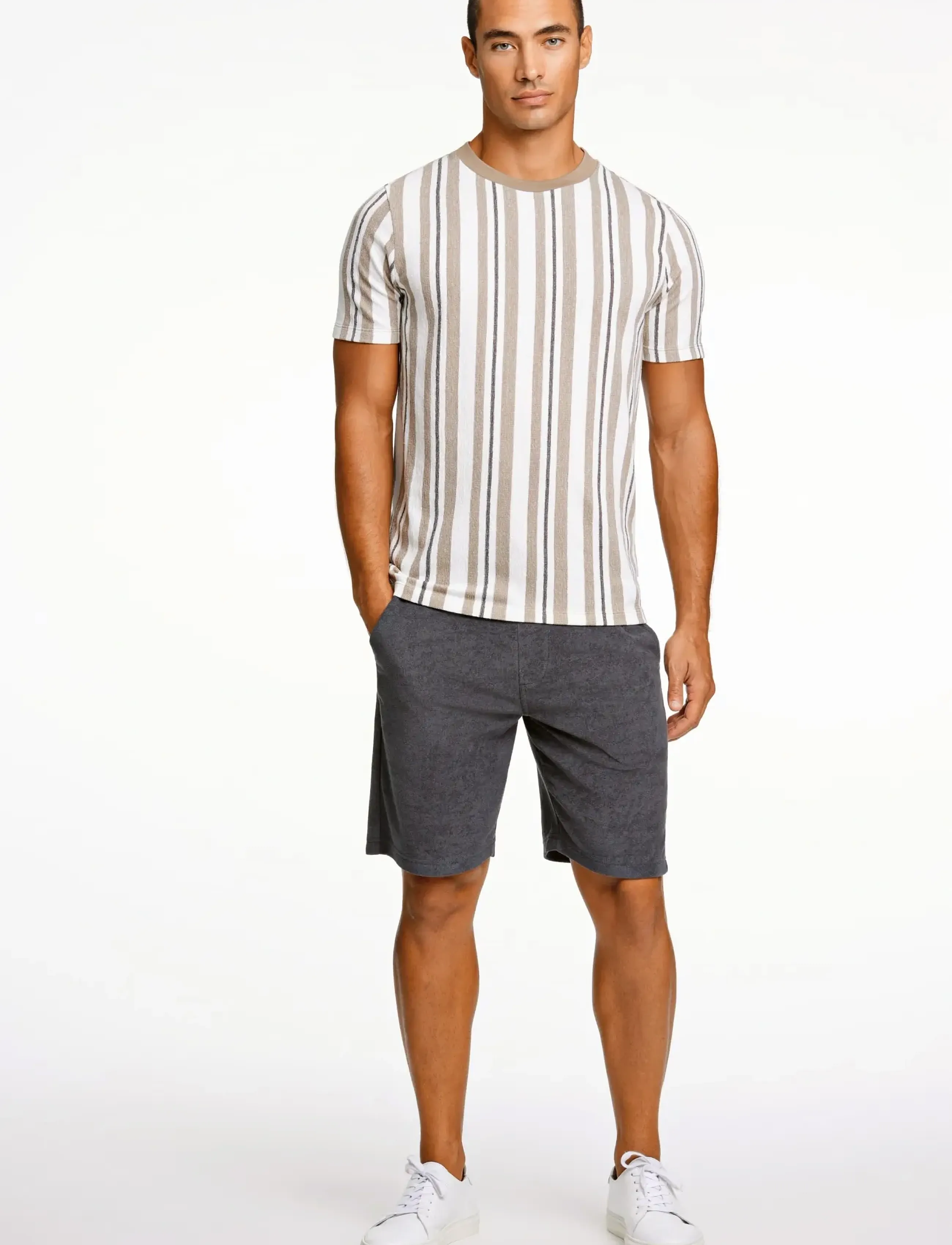 Lindbergh Towel striped o-neck tee S/S - T-shirts - STONE / beige