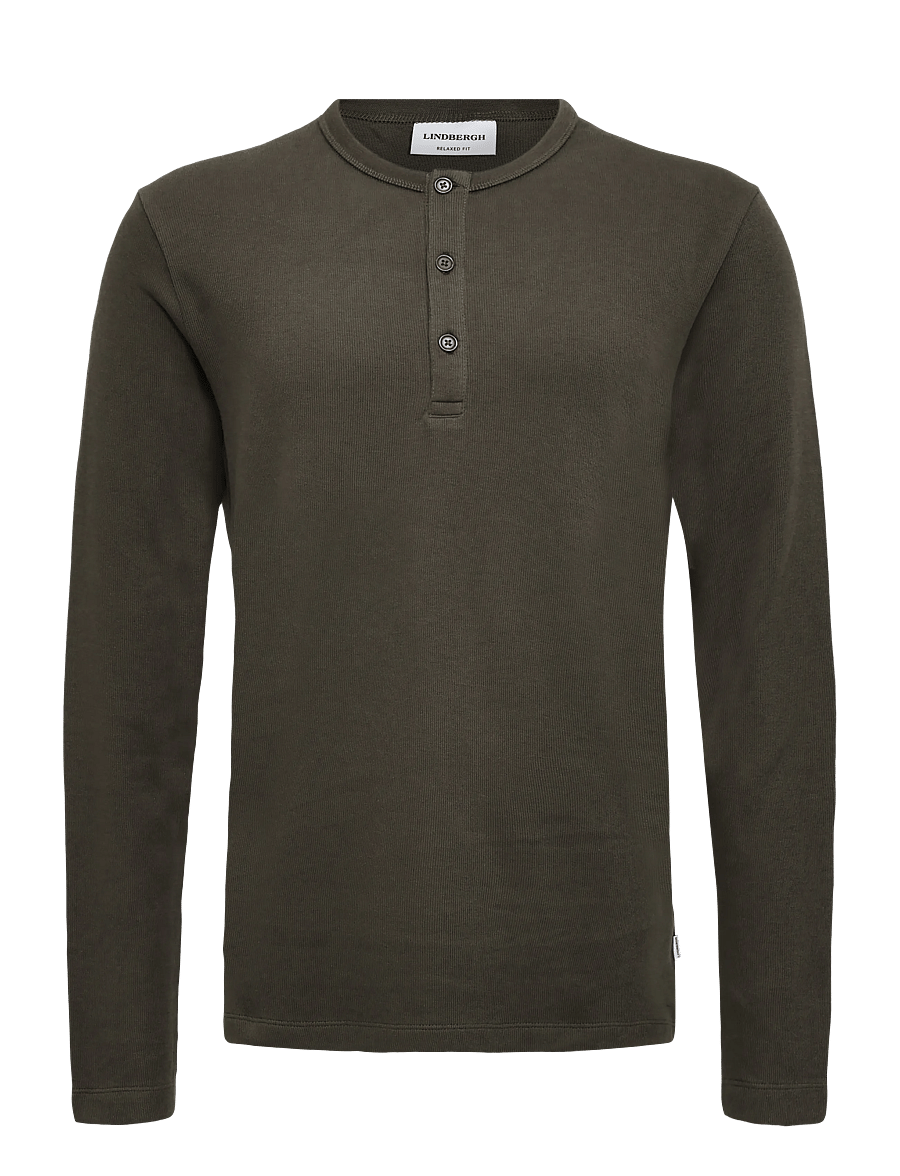 Lindbergh - Basic granddad tee L/S - langærmede t-shirts - black olive - 0