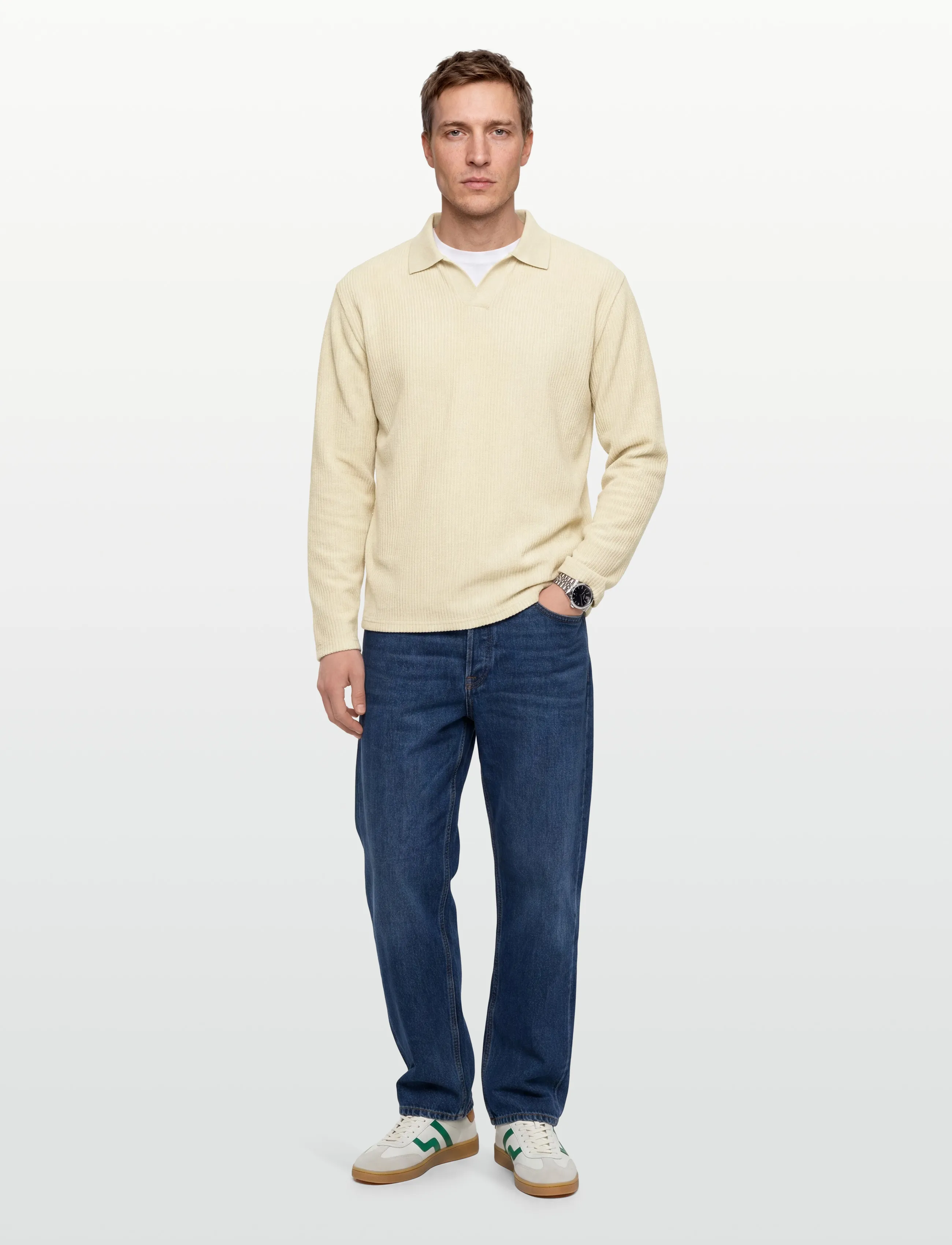Lindbergh - V-neck jacquard polo L/S - kootud polosärgid - lt stone - 0