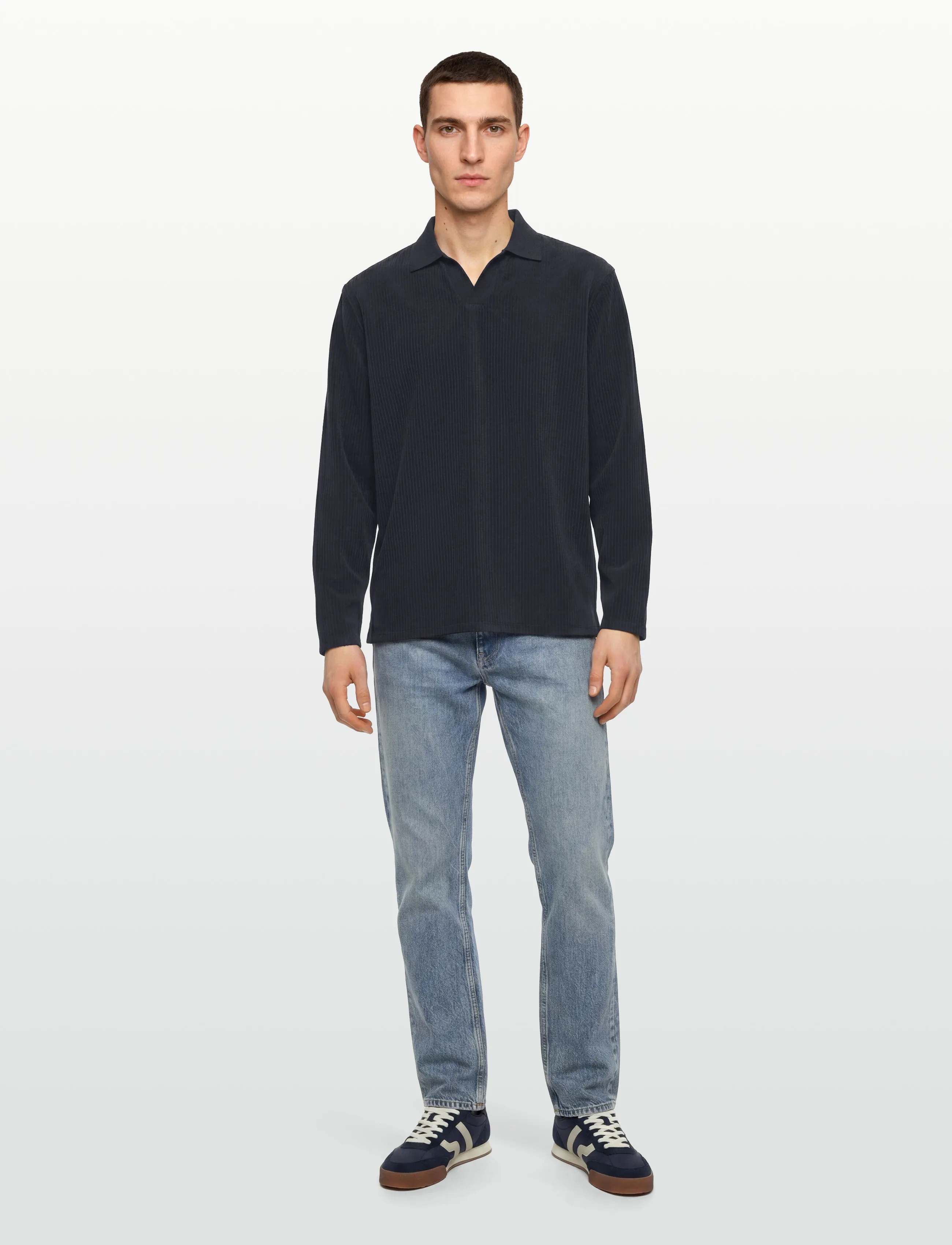 Lindbergh V-neck jacquard polo L/S - Långärmade stickade pikétröjor - NAVY / grey