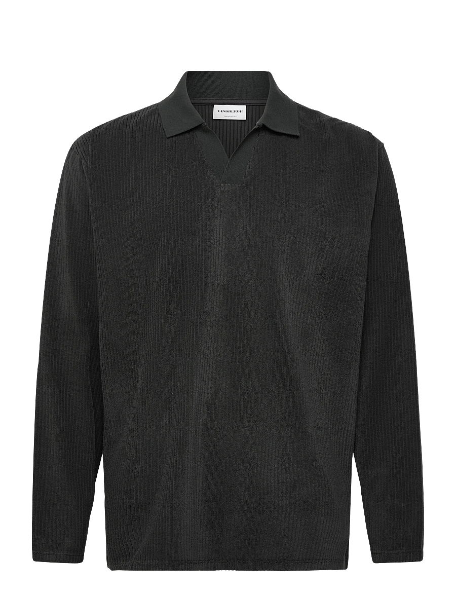 Lindbergh - V-neck jacquard polo L/S - långärmade stickade pikétröjor - off black - 0