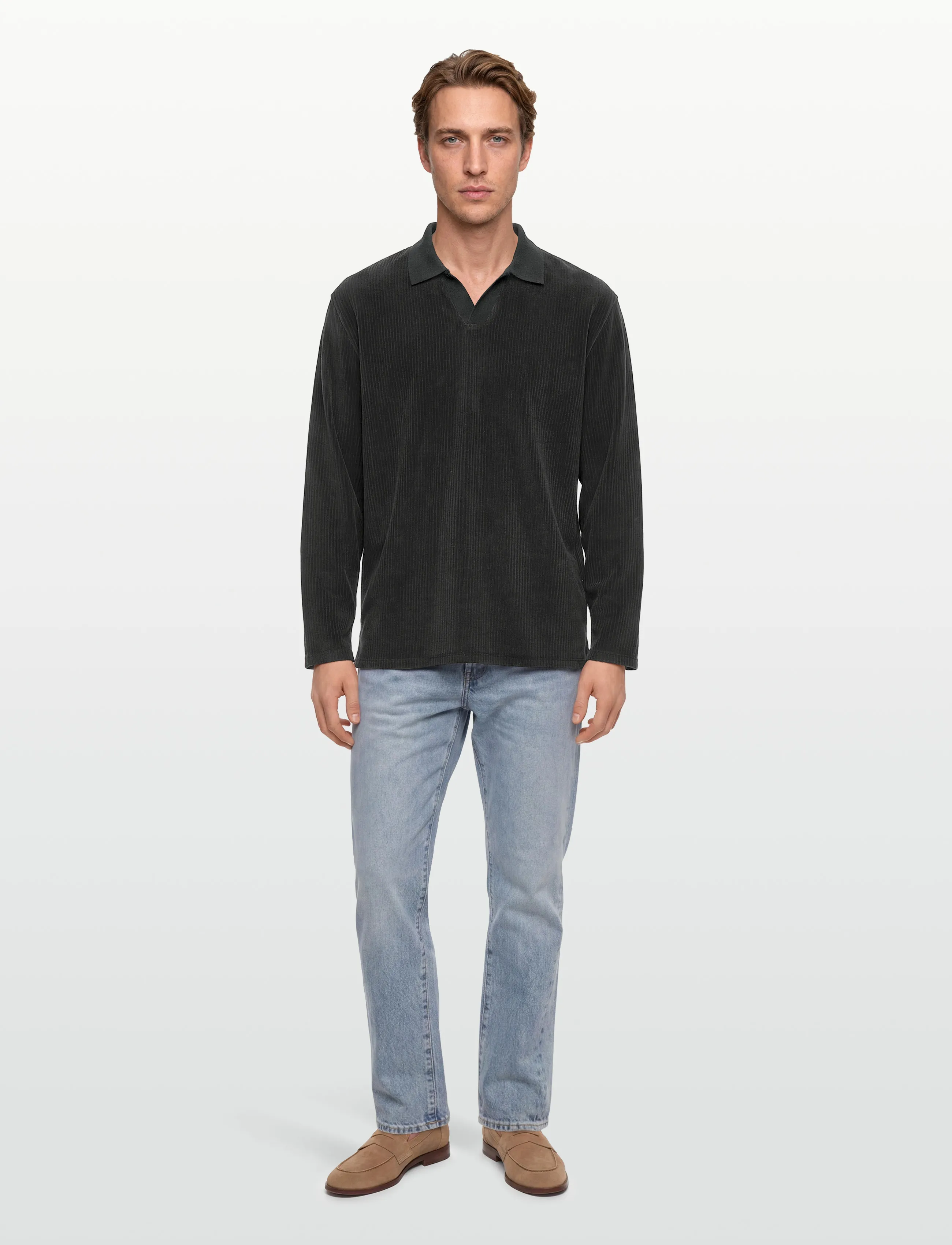 Lindbergh - V-neck jacquard polo L/S - polostrik - off black - 0