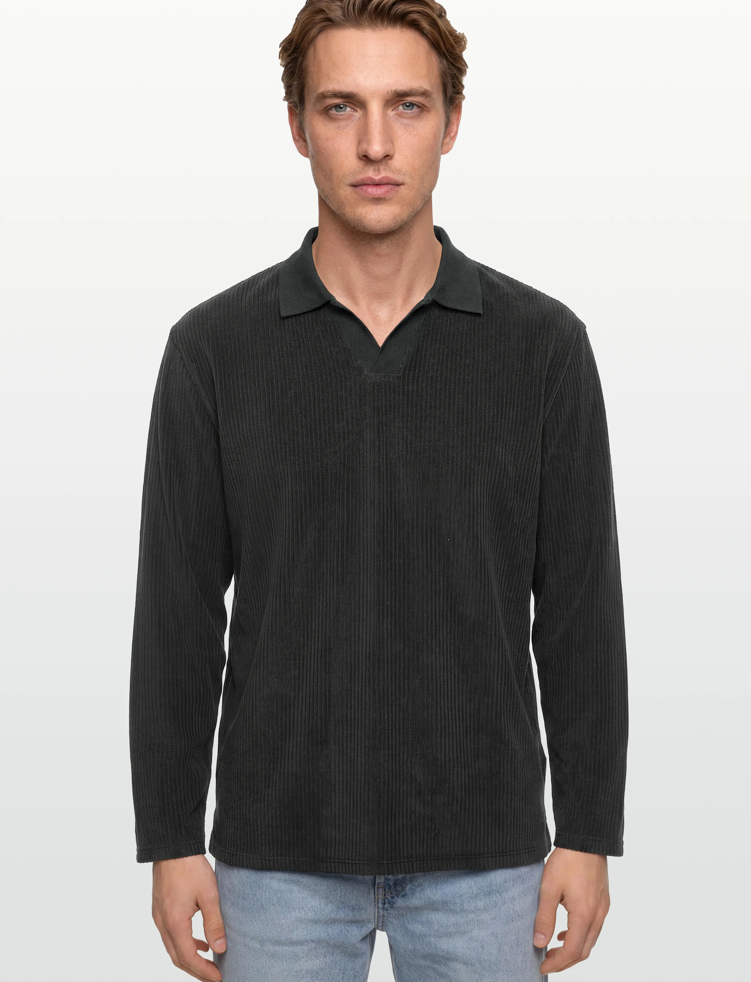 Lindbergh - V-neck jacquard polo L/S - polostrik - off black - 3