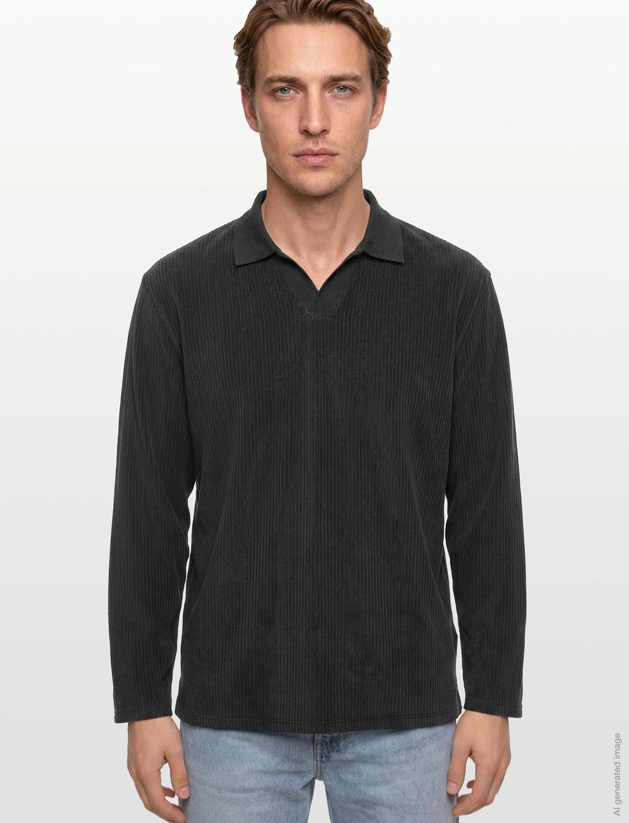 Lindbergh - V-neck jacquard polo L/S - langärmelige strick-polohemden - off black - 3