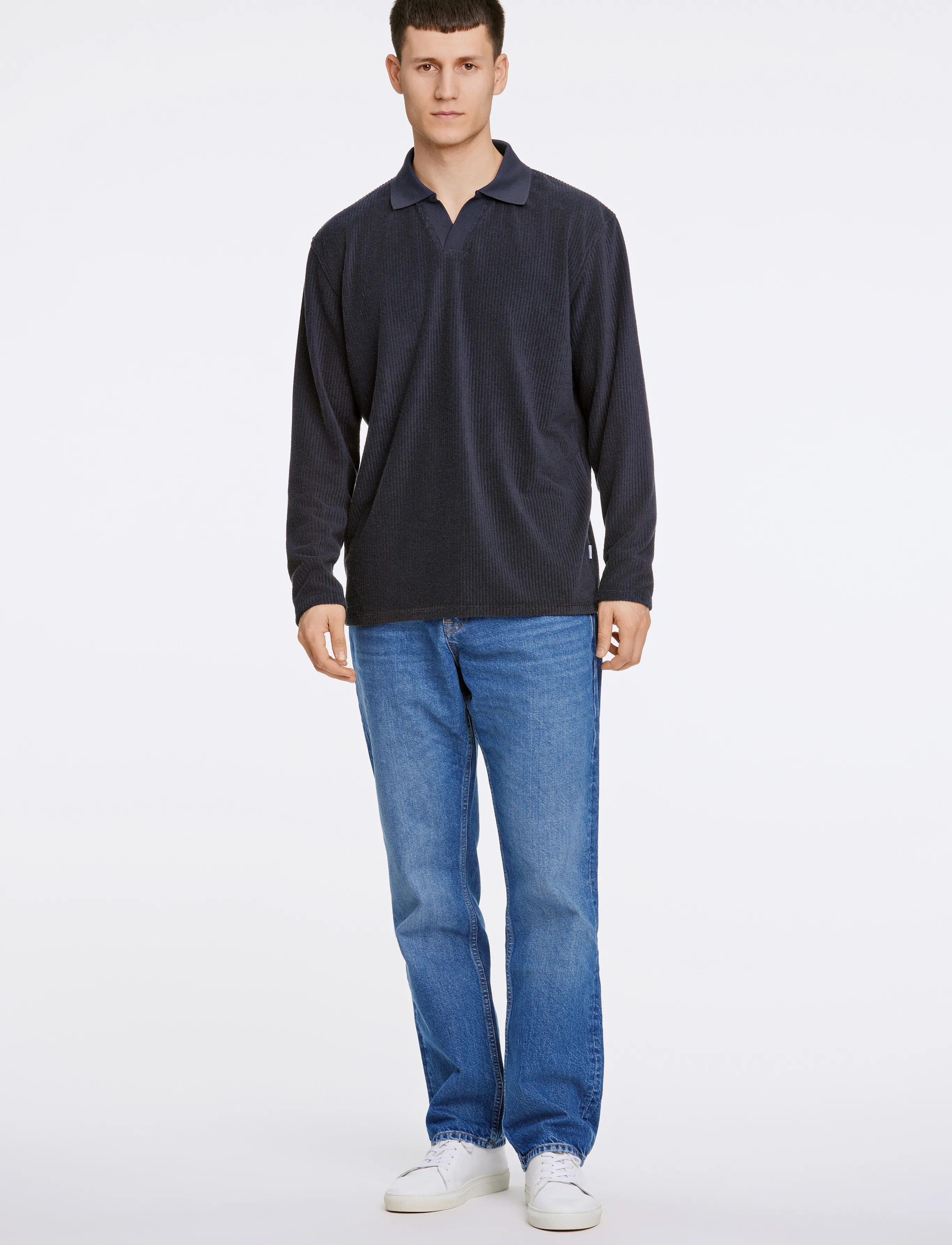Lindbergh V-neck jacquard polo L/S - Poloshirts - NAVY / navy