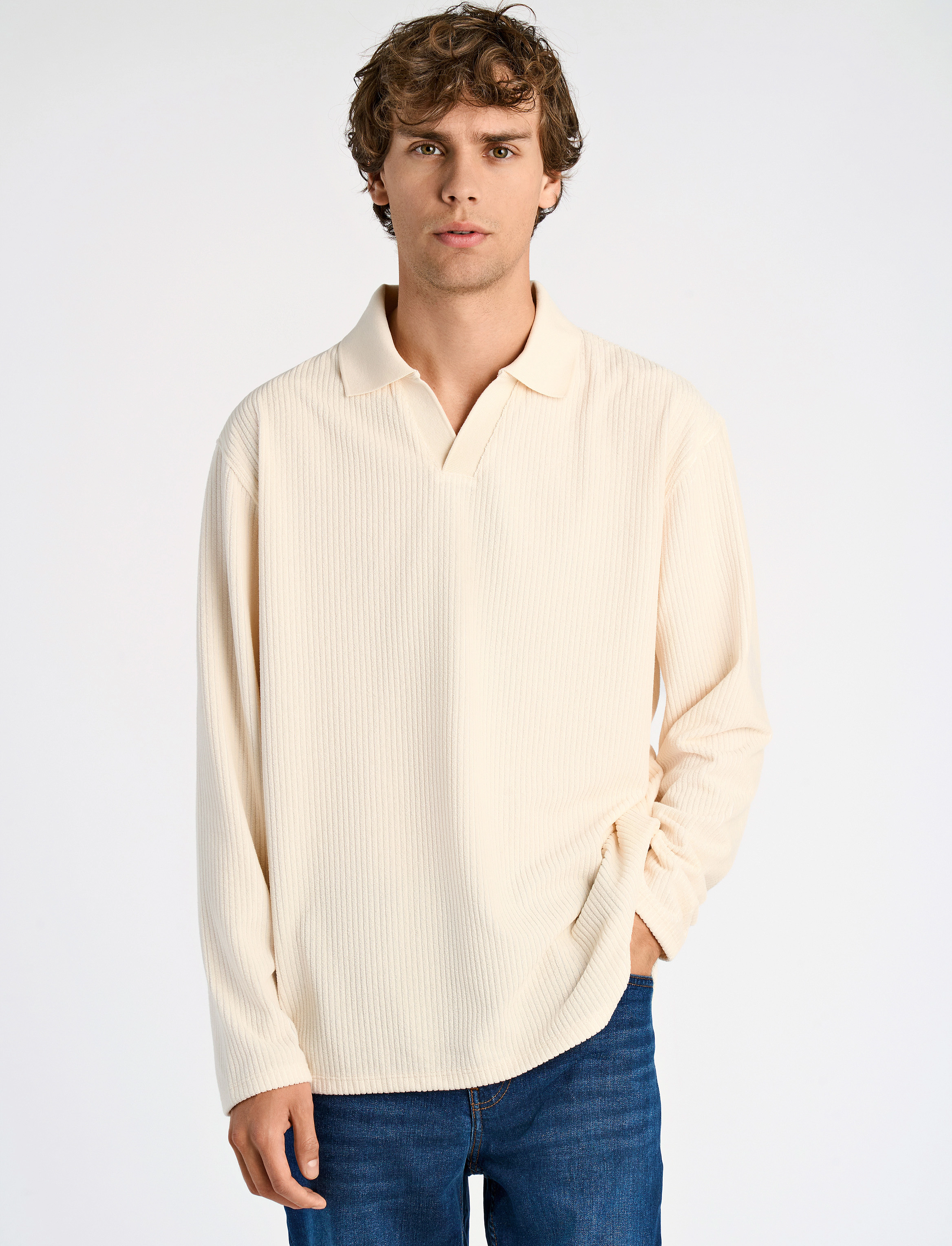 Lindbergh V-Neck Jacquard Polo L/S, L, Polos, Creme - Long-sleeved, Männerswear