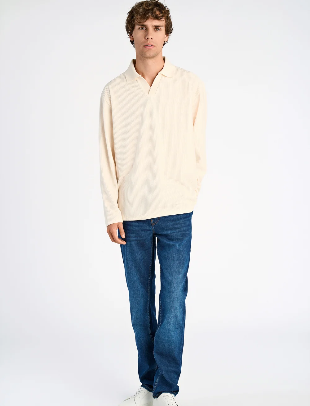 Lindbergh - V-neck jacquard polo L/S - long-sleeved polos - pearl white - 4