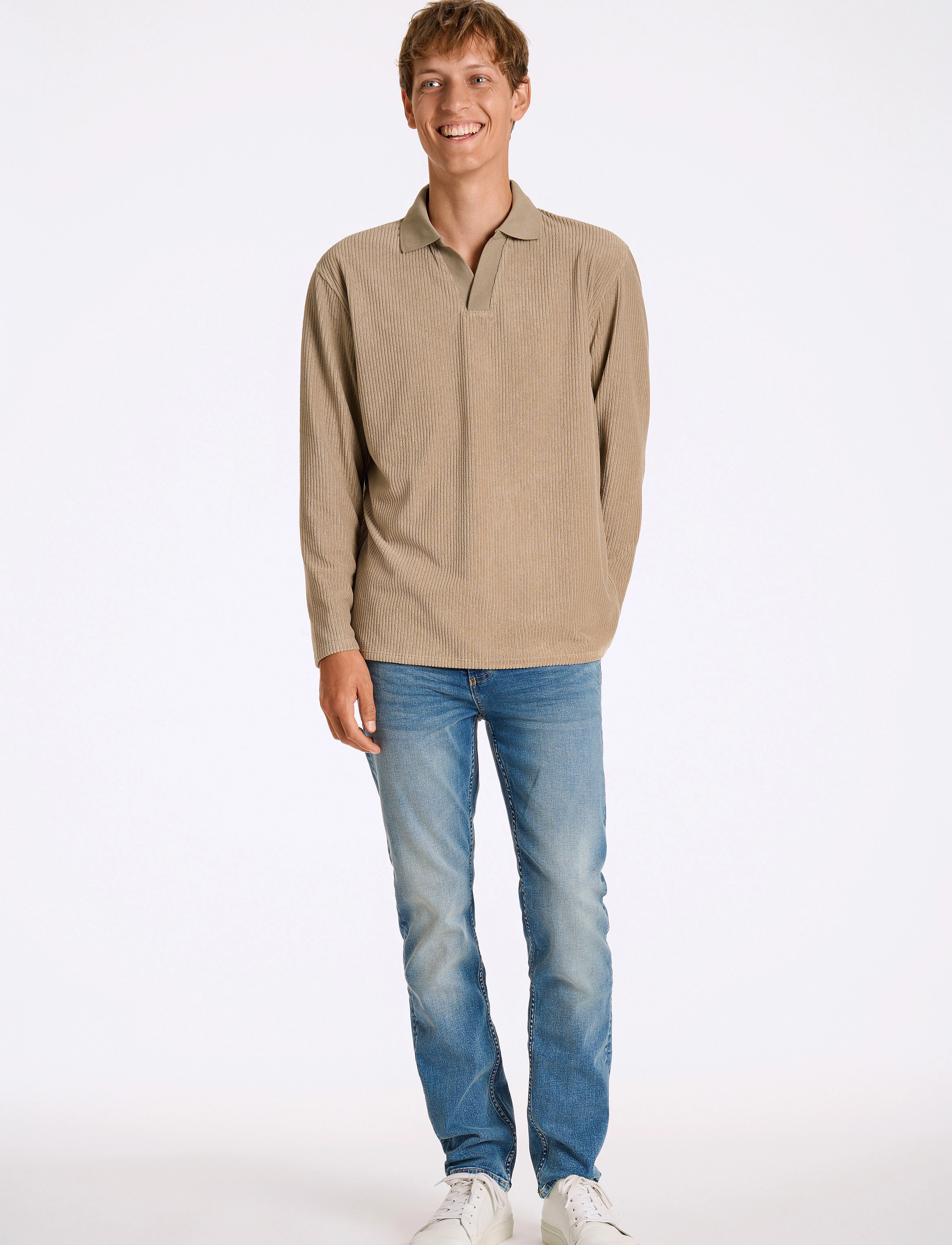 Lindbergh V-Neck Jacquard Polo L/S, XXL, Polos, Beige - Long-sleeved, Männerswear