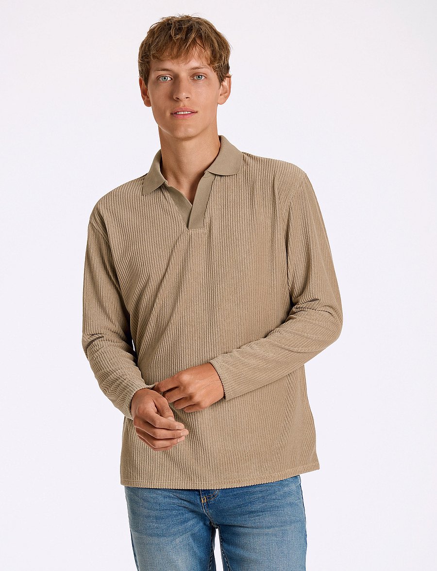 Lindbergh - V-neck jacquard polo L/S - lange mouwen - stone - 3