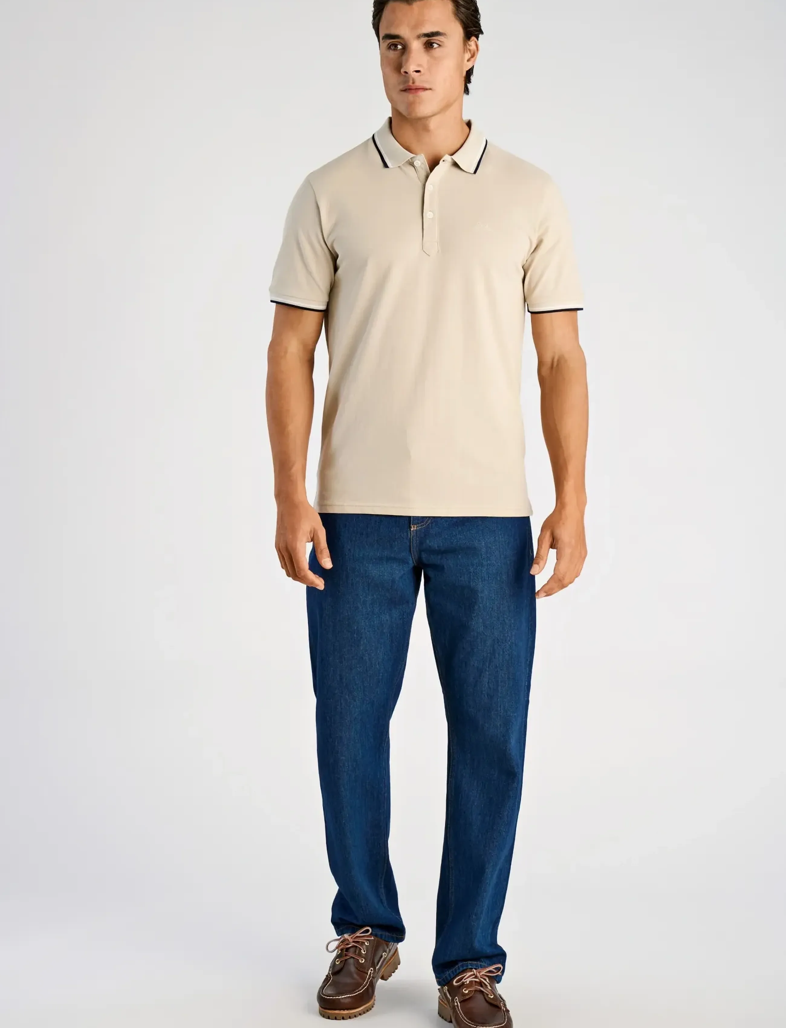 Lindbergh Polo pique w. contrast piping - Poloshirts - LT STONE GREY / cream