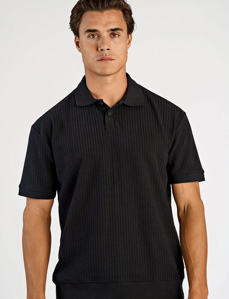 Lindbergh - Oversized jacquard polo S/S - short-sleeved polos - black - 3