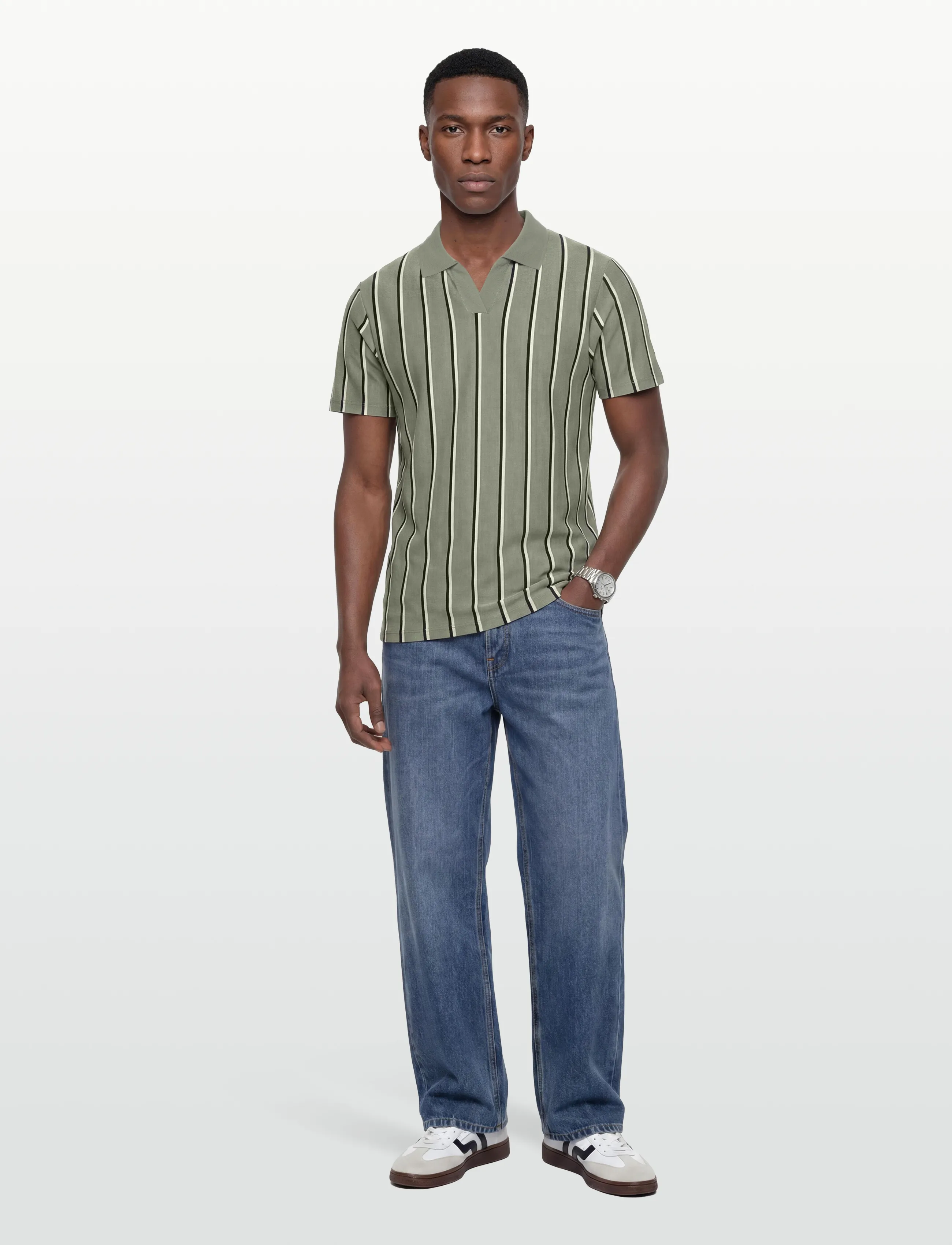 Lindbergh Striped piqué polo shirt S/S - Pikéer - SAGE GREEN / khaki/green