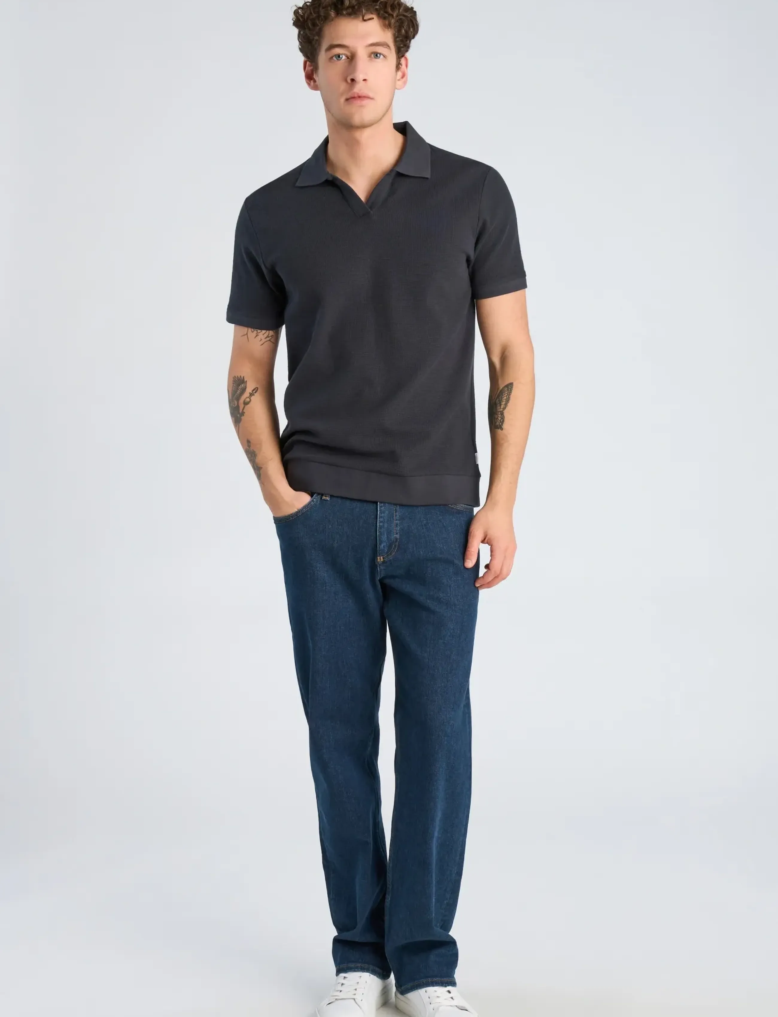 Lindbergh Open collar structure rib polo - Poloshirts - NAVY / black